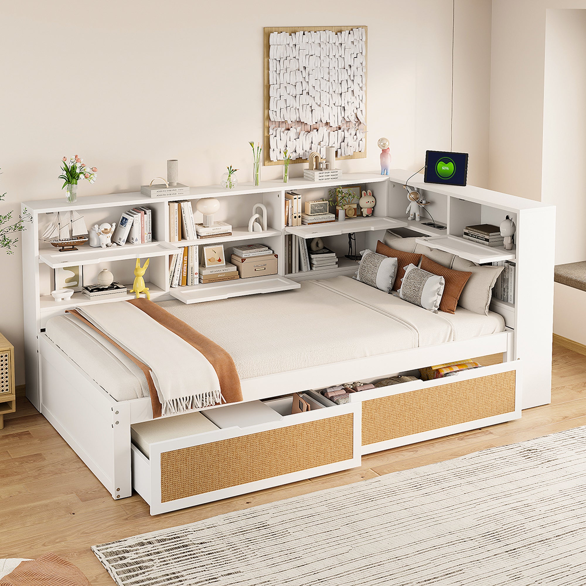 Łóżko 90 x 200 cm z 2 szufladami i przegródkami, sofa rozkładana - Sosna + sklejka + MDF - Gniazdka do ładowania - Białe (bez materaca)