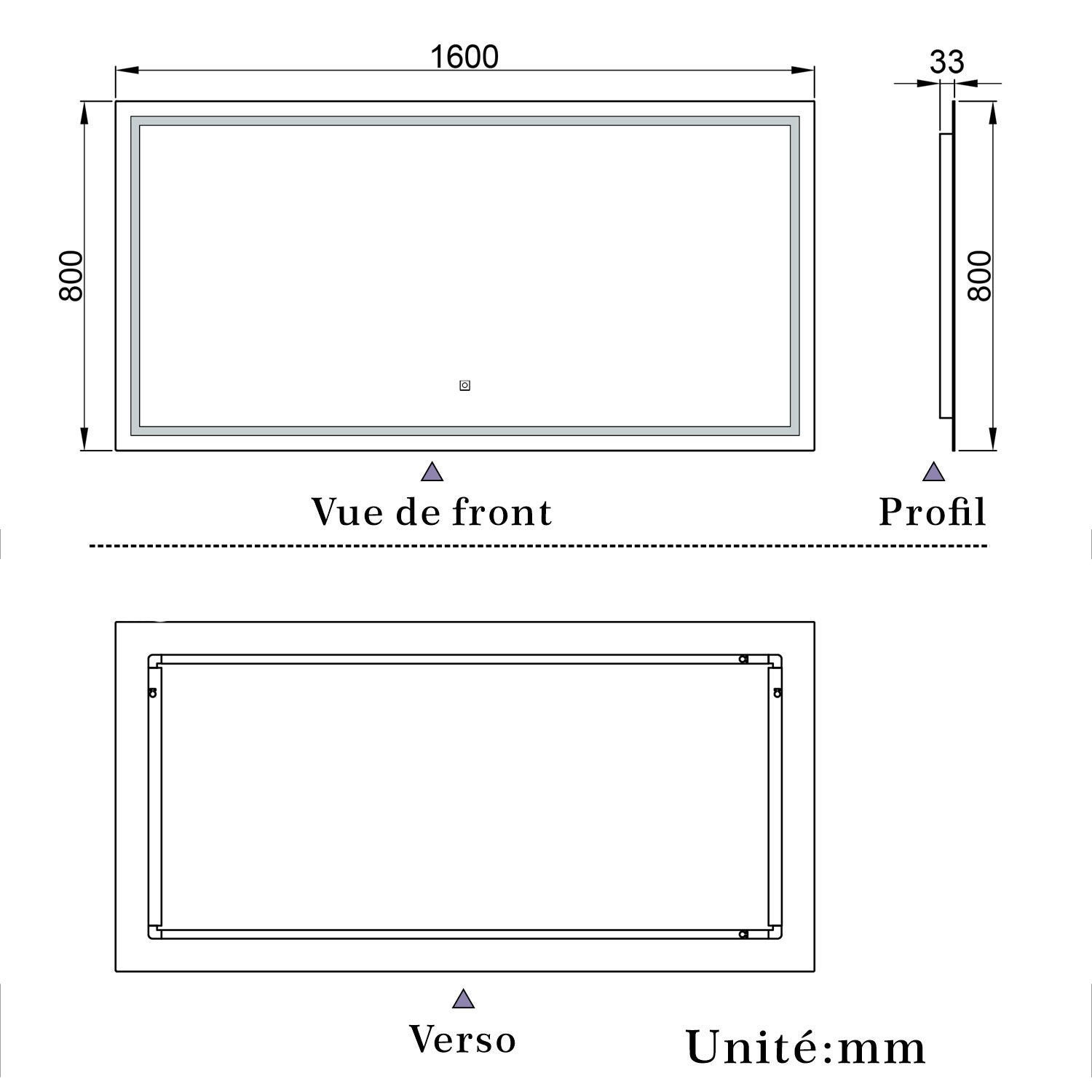 Miroir de salle de bain lumineux L.160 x H.80 cm avec Anti-Buée + 3 Couleurs + Dimmable, Miroir LED Mural - 3