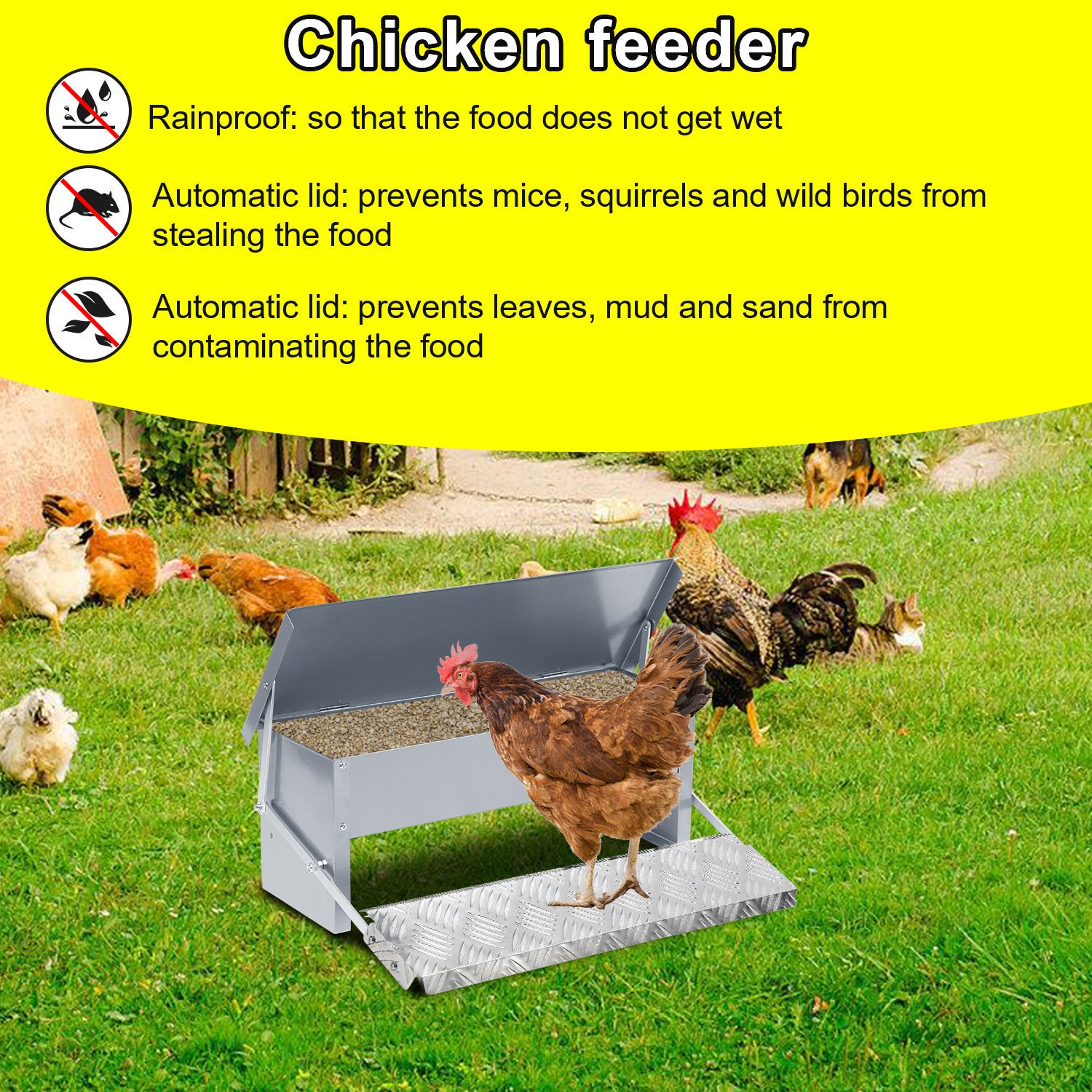 Mangeoire poules automatique 5KG – Distributeur en acier galvanisé avec pédale auto-ouverte et couvercle étanche pour volailles - 4