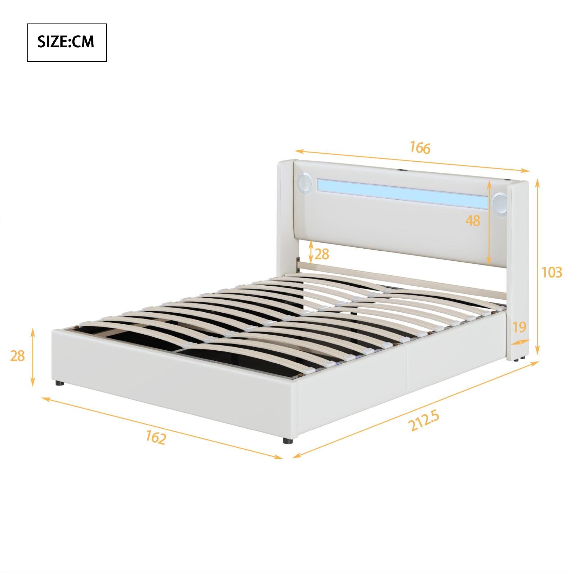 Łóżko z tapicerowanym zagłówkiem z ekoskóry 160x200cm z LED, odtwarzaczem Bluetooth i portami USB - z stelażem na listwy - Białe - 4