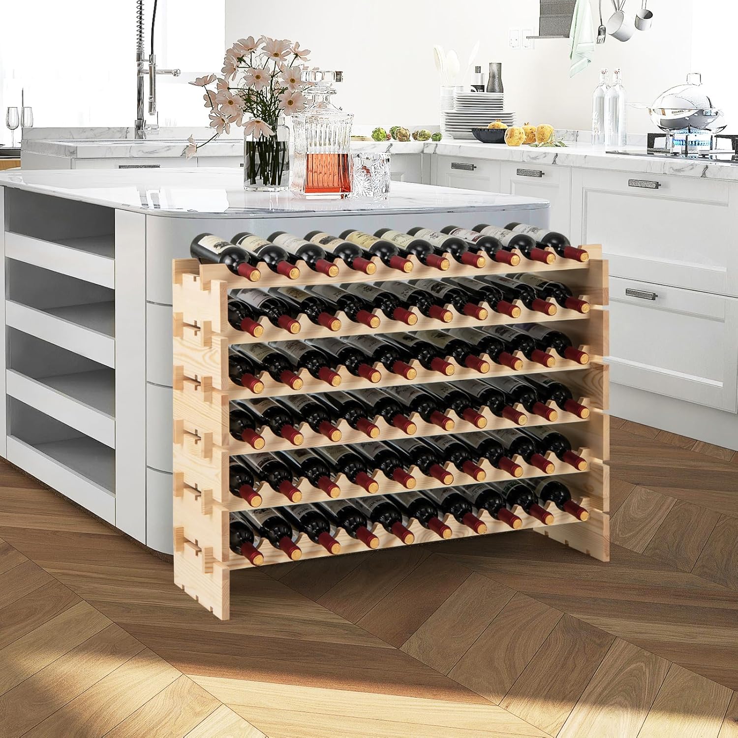 Botellero Vino 60 Botellas, Botellero Apilable de Madera, Estante de Almacenamiento de Vino de 6 Niveles para Suelo para Cocina, Bodega y Bar, - 3