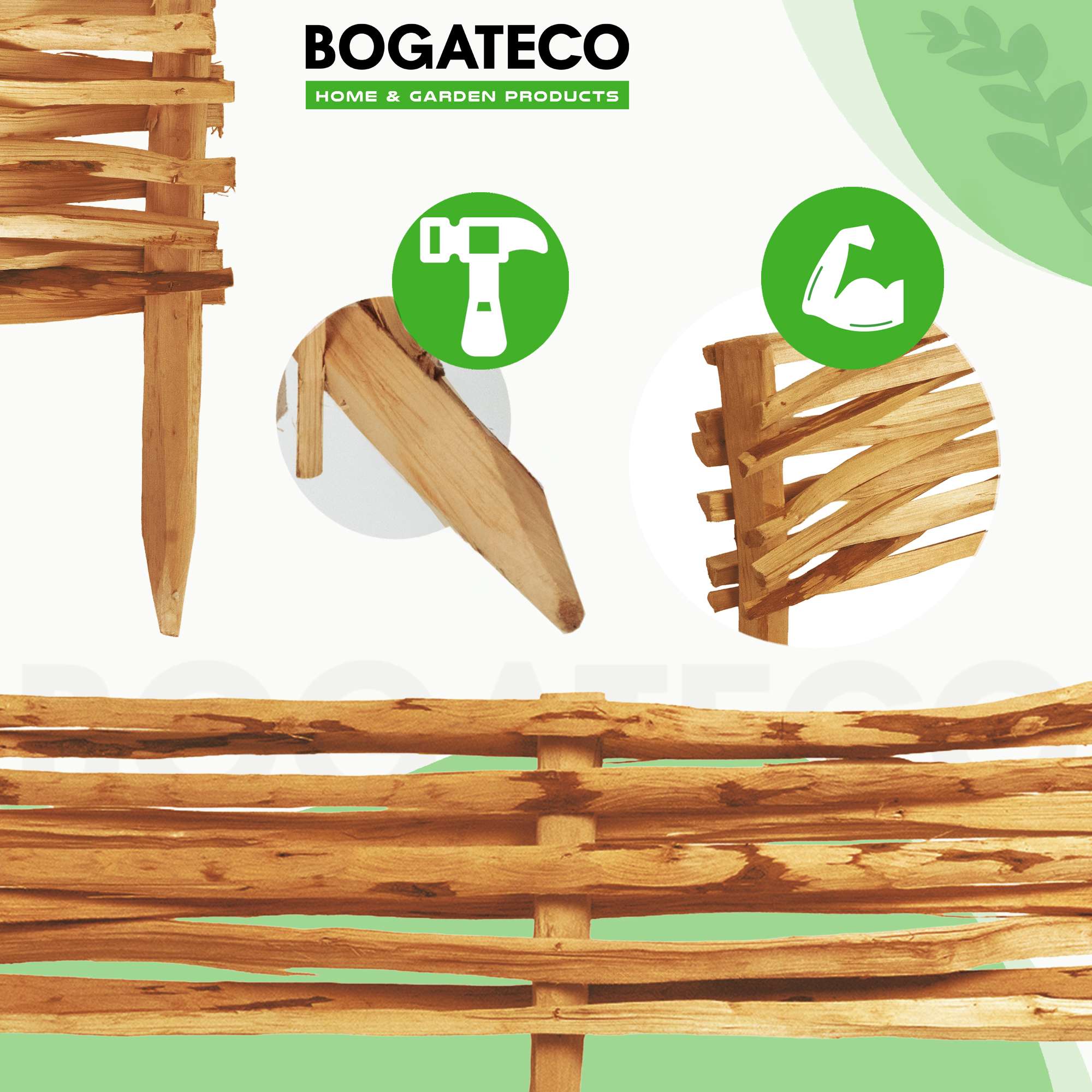 BOGATECO Lot de 3 Bordures de Jardin en Noisetier Brun - Longueur 90 cm - Hauteur 20 cm - Clôture à Planter Imprégnée - Support de Parterre - 5