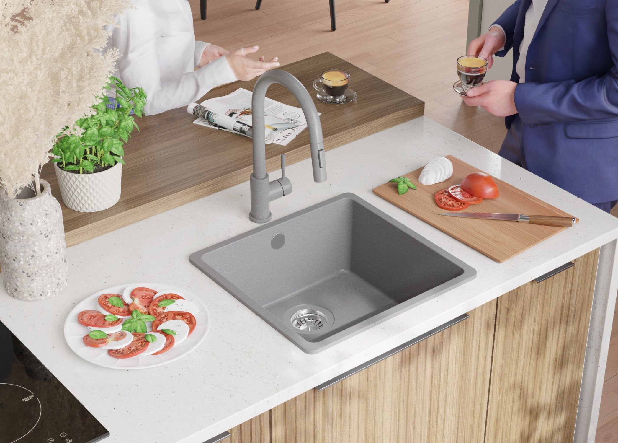 Evier Cuisine en Granit Gris 46x44cm, Lavabo 1 bac + Kit de Vidage, Évier à Encastrer au meuble 50cm - Venise Slim Easy PRIMAGRAN - 4