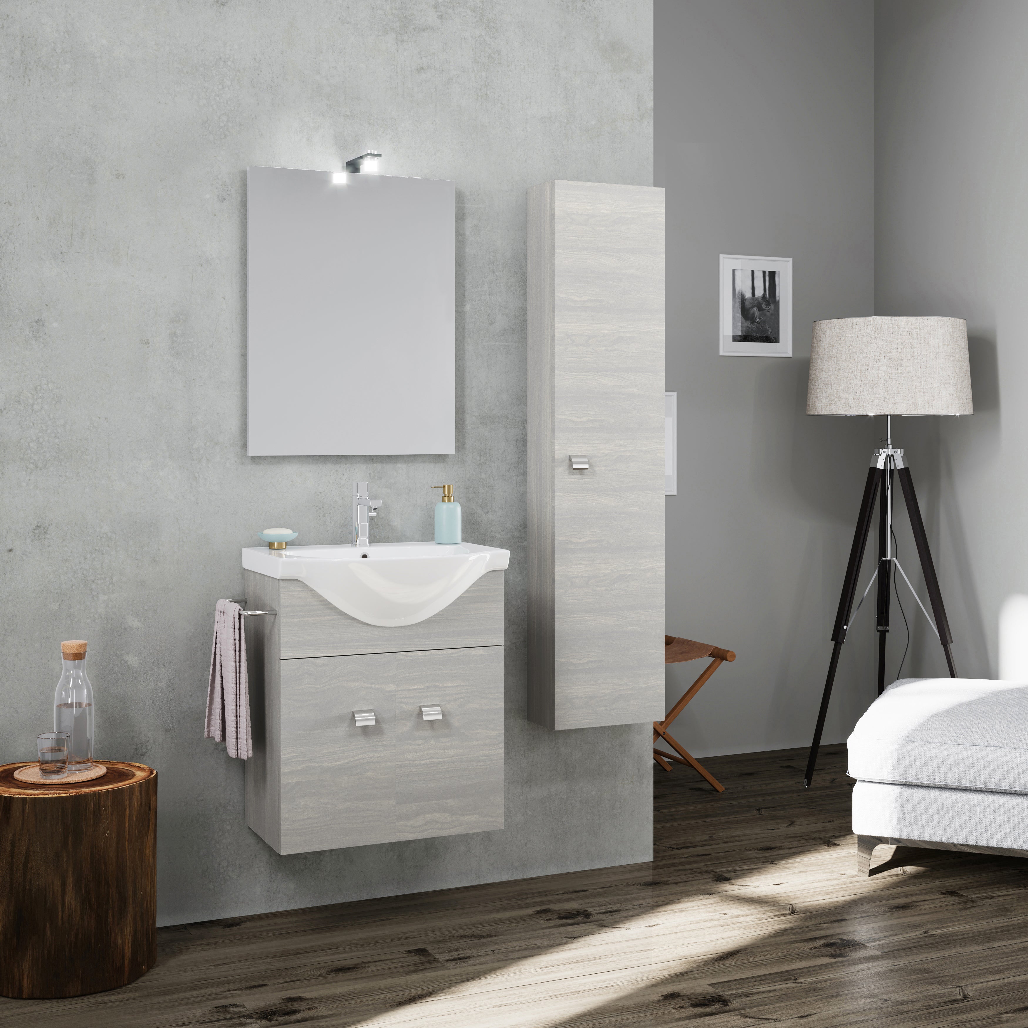 Mueble de baño suspendido 56,5cm con pedestal gris, lavabo+espejo | facile