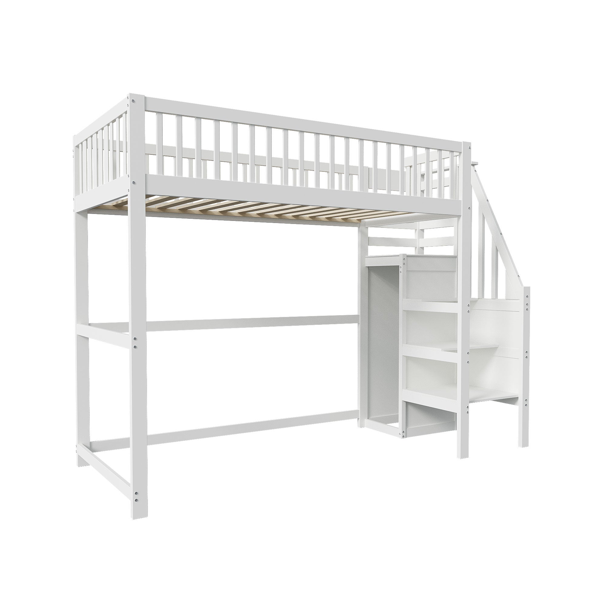 Lit mezzanine 90 x 200 cm avec armoire ouverte - Bois massif + contreplaqué + MDF - Blanc (sans matelas) - 8