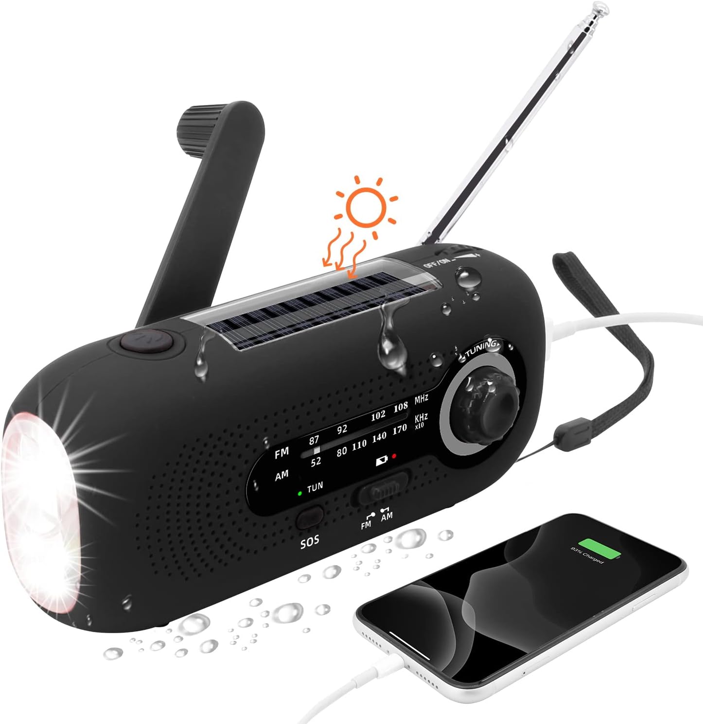 (Czarny) Przenośne radio solarne, radio na dynamo, radio solarne z alarmem SOS na wypadek sytuacji awaryjnych, małe radio, radio wodoodporne IPX3, ra
