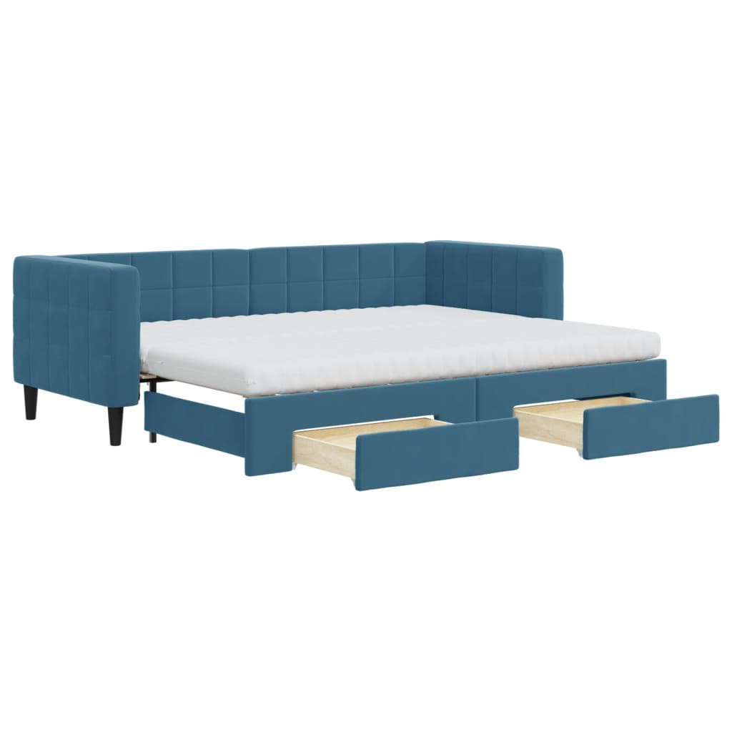 Lit De Jour Avec Gigogne Et Tiroirs – Bleu Velours – 80x200 Cm – Neuf