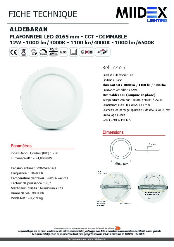Plafonnier LED Rond - 170mm - 12W - CCT Dimmable - Blanc - Encastrable - 8