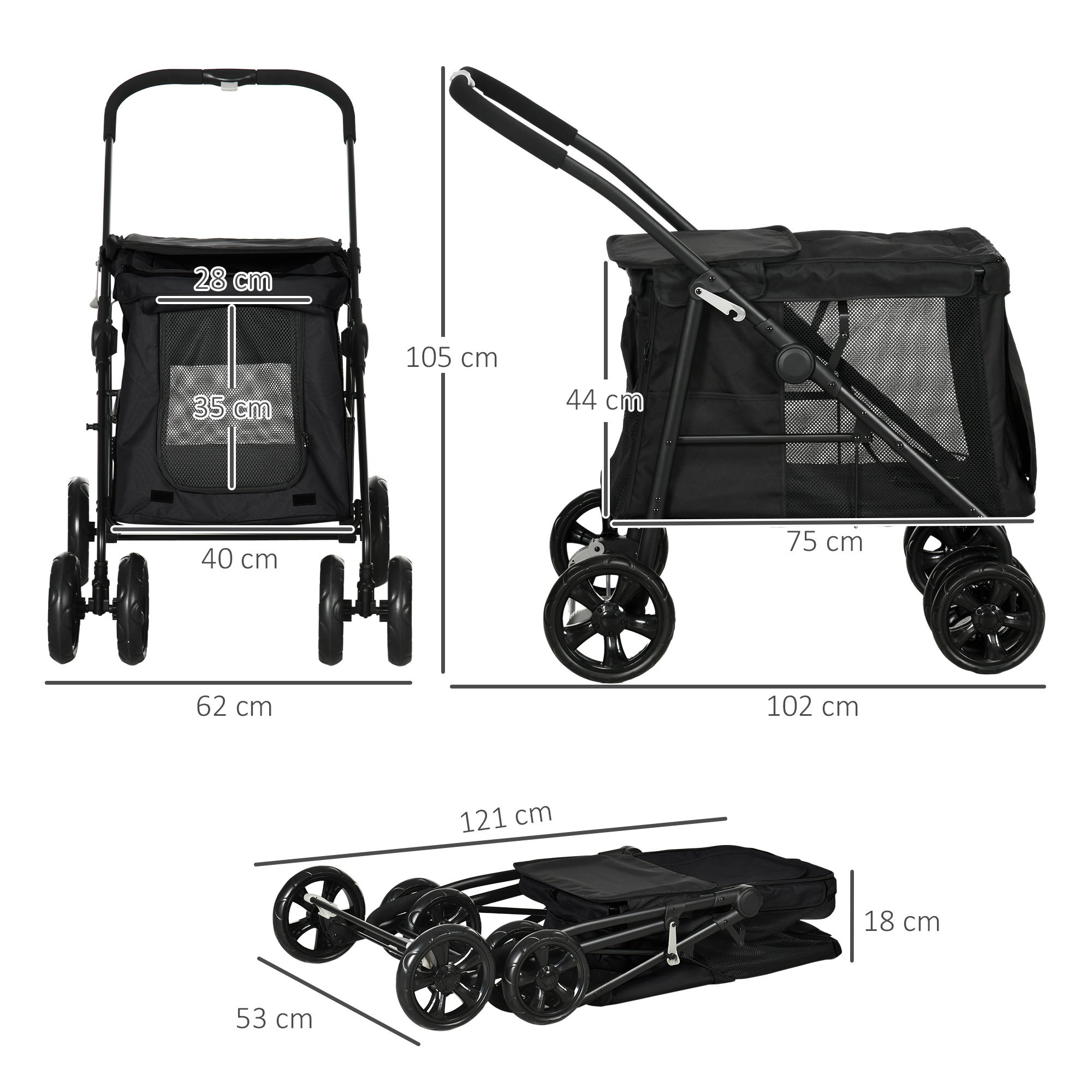 PawHut cochecito plegable para perros hasta 20 kg, tejido Oxford negro, con bolsillos laterales, ventanas de malla y frenos - 3