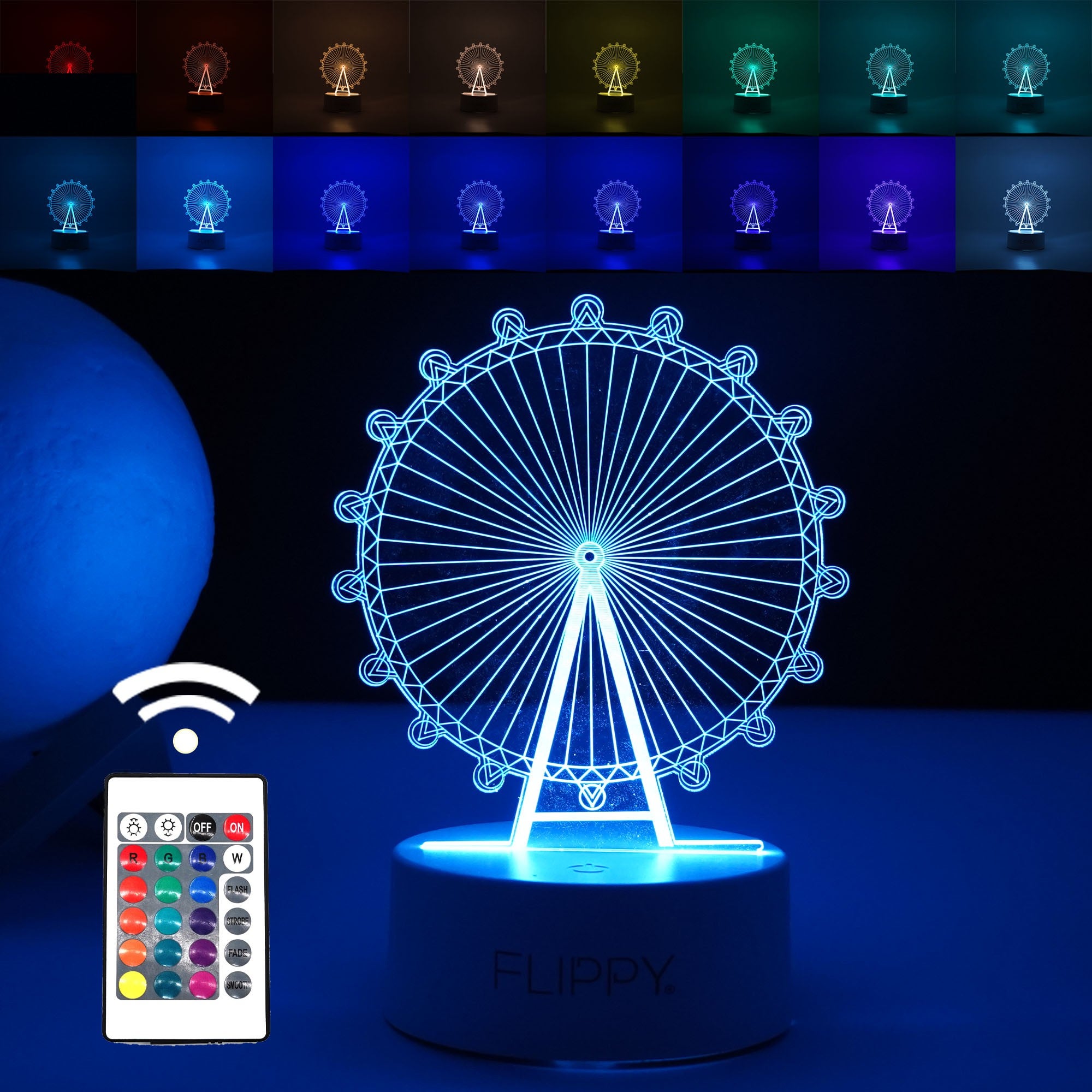 Lampa LED decorativa, Flippy, 3D, Roata Panoramica, cu telecomanda, doua moduri de alimentare USB si baterii, 20 cm inaltime, din material acril si