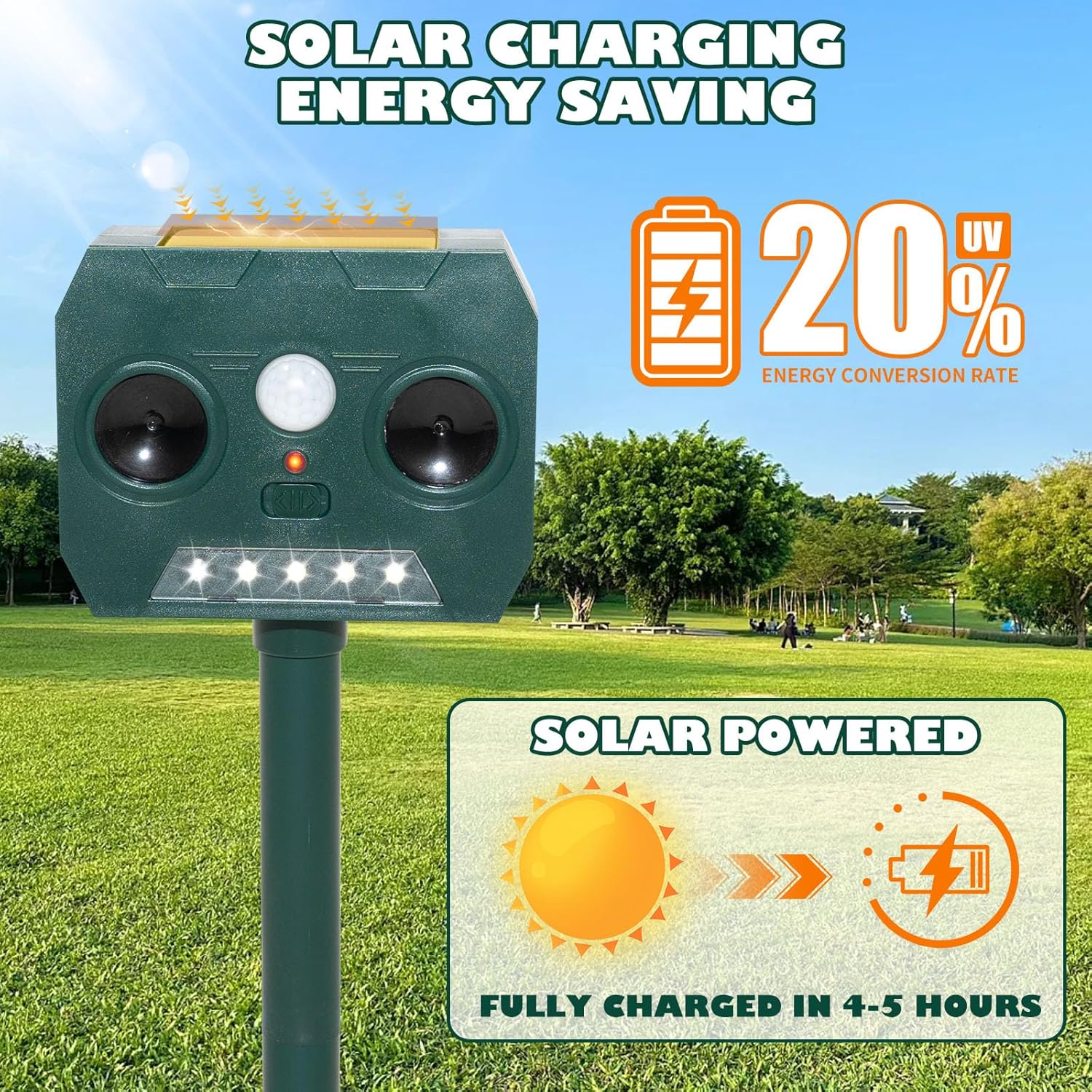 Repelente solar ultrassônico para gatos e cães, à prova d'água IP44, 8m, 110°, espanta animais de jardim com luz LED. - 3
