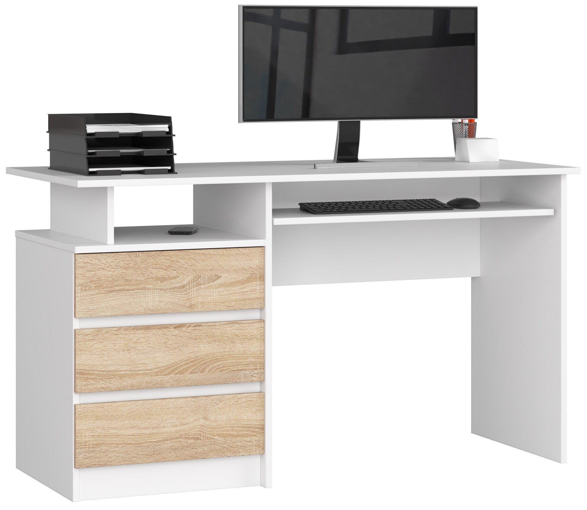 Biurko AKORD CLP Białe 135 cm 3 szuflady kolor Dąb Sonoma mat 2 półki 135x60x77 cm