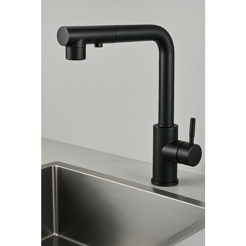 Czarny kran kuchenny z wyciąganą wylewką - Elegancka bateria jednouchwytowa, 2 tryby natrysku i obrót o 360° do zlewu