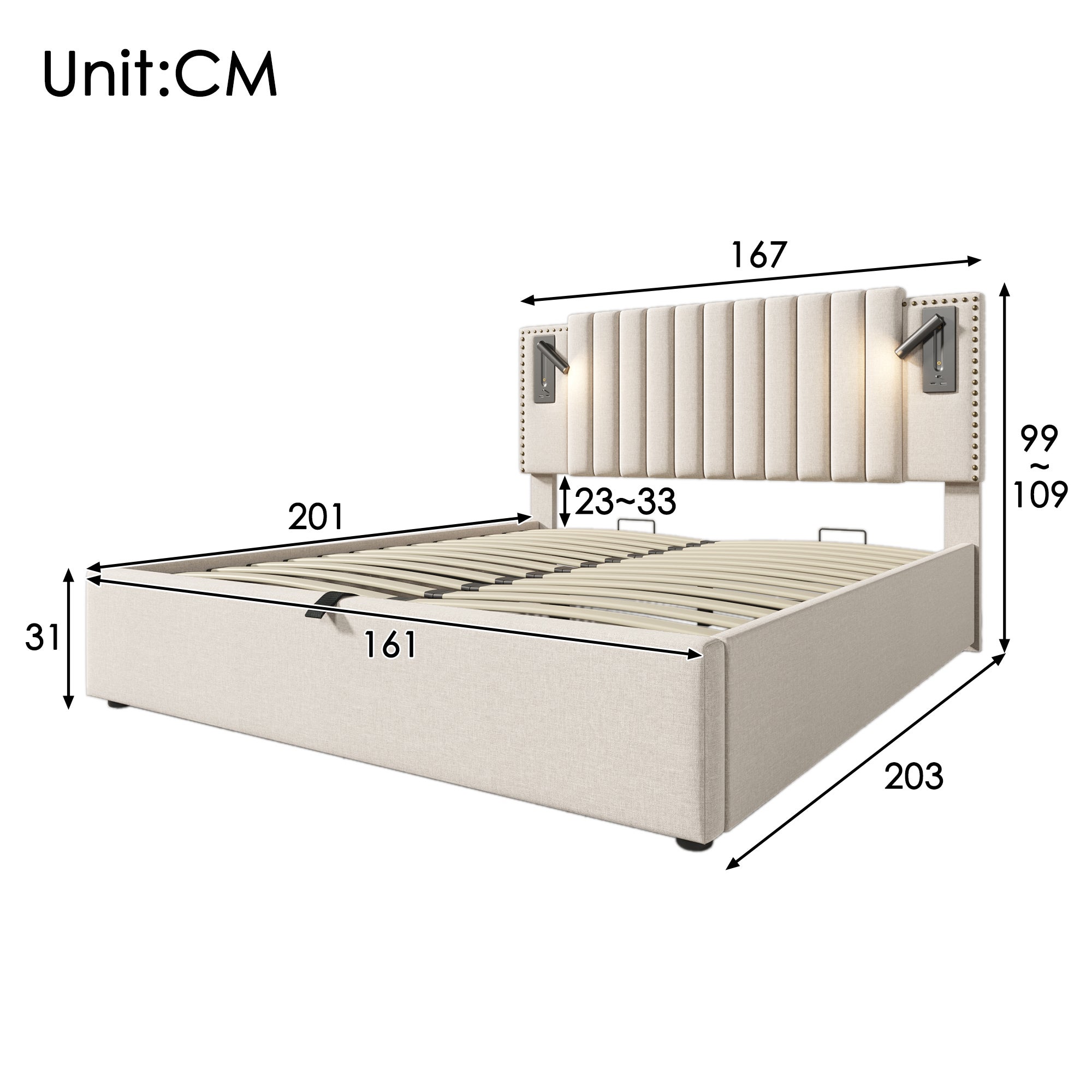 Cama contenedor de tela de algodón 160x200 cm - con luces de lectura y puertos de carga USB - con somier - Beige - 5