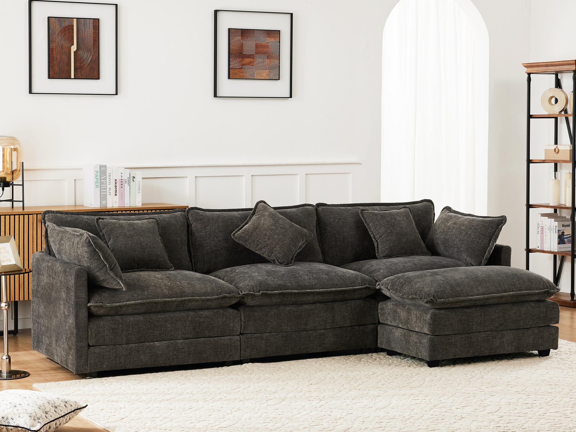 3-osobowa sofa narożna szenilowa - z regulowanym podnóżkiem - szary