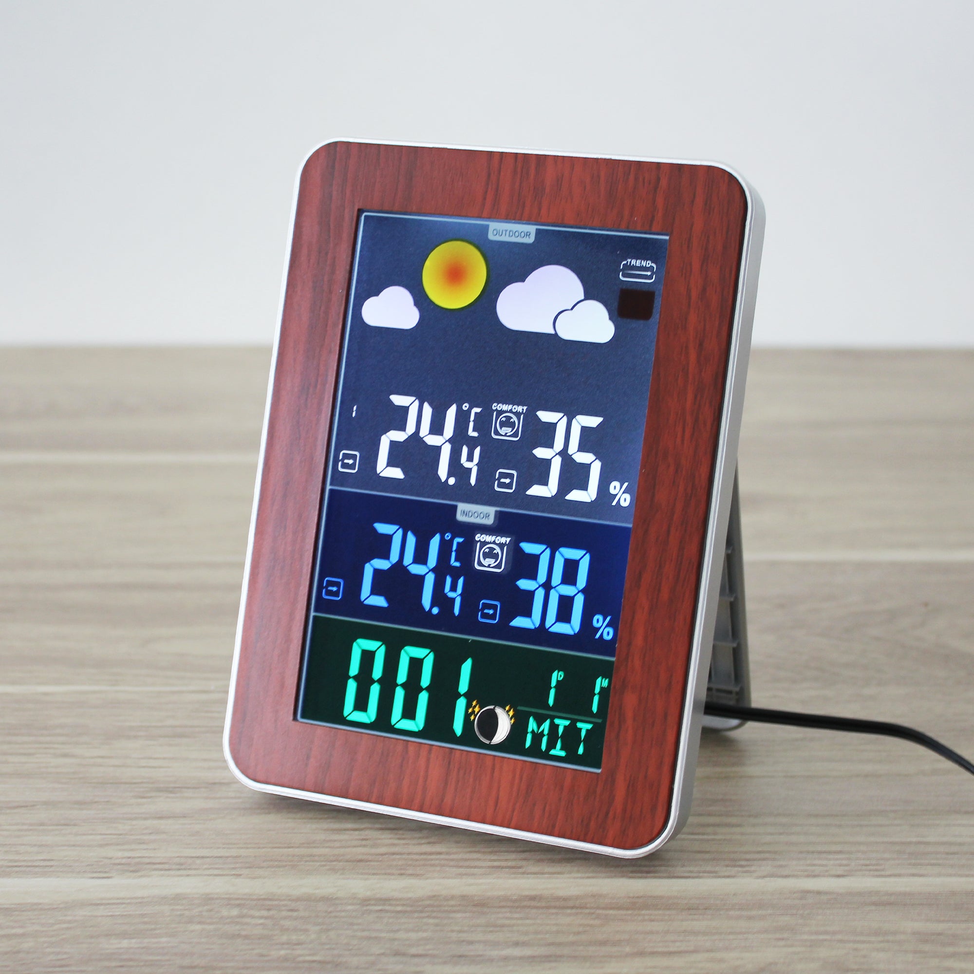 Stazione Meteo Color & Wood FISHTEC Radio Controllata Schermo XL Colori Legno Argento Sensore Esterno Fasi Lunari Doppia Sveglia 7 Lingue - 7