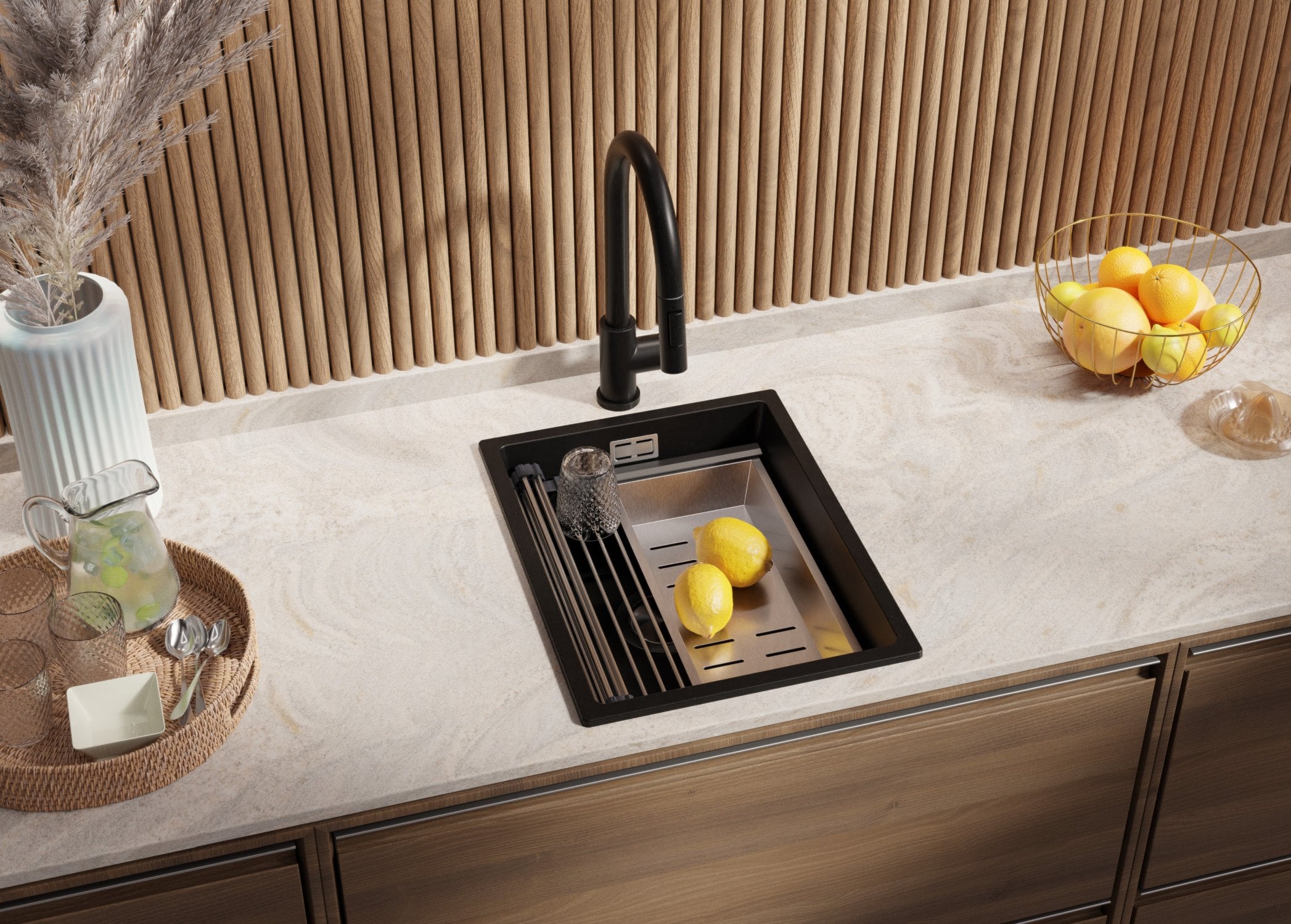 Lavandino da Cucina Nero 36x47cm, Lavello in Granito a 1 vasca + Sifone Classico + Accessori, Lavabo da Cucina Incasso al mobile 40cm PRIMAGRAN - 2