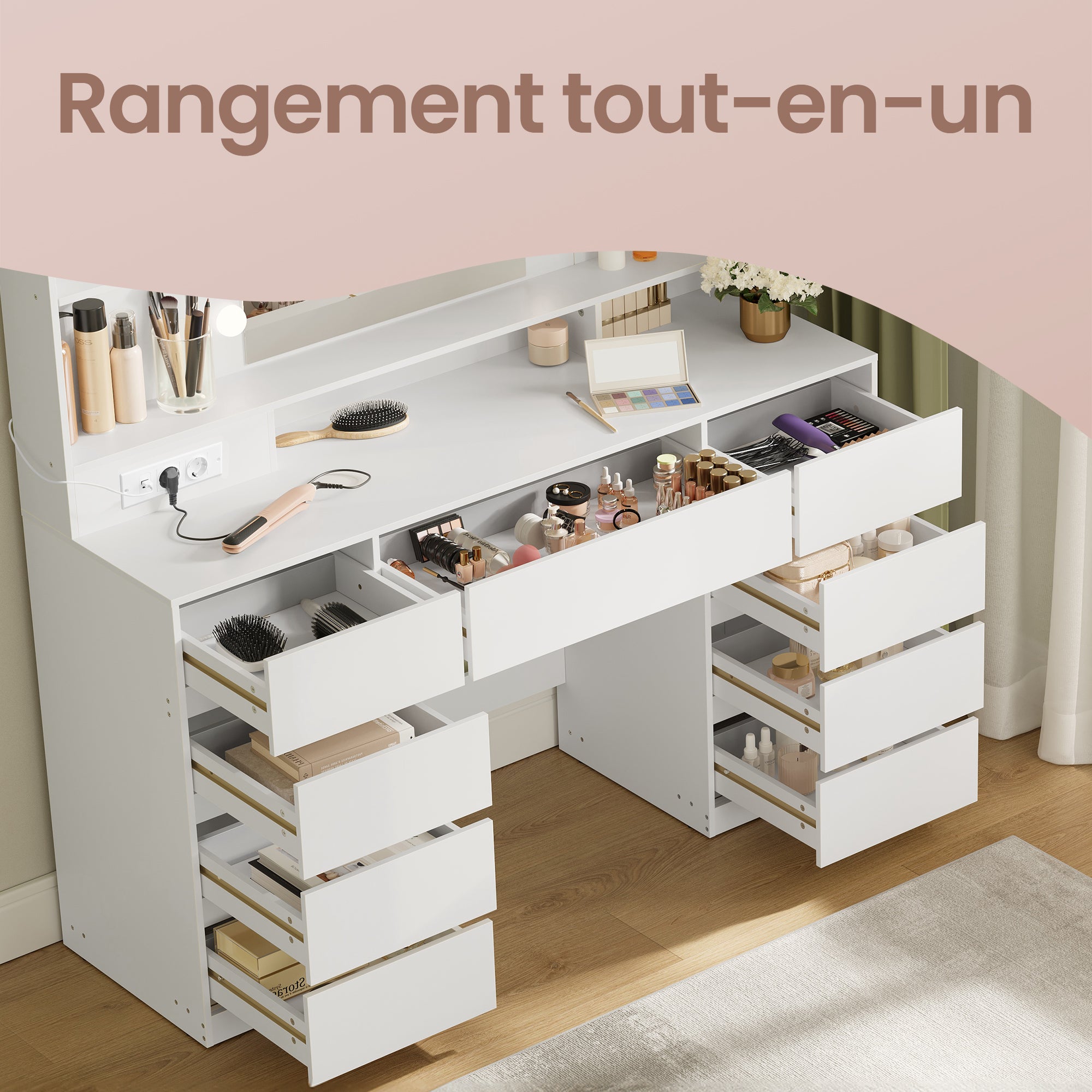 VASAGLE Coiffeuse avec Miroir LED, Multiprise, 9 Tiroirs, 9 Ampoules, Éclairage 3 Couleurs, Blanc - 5