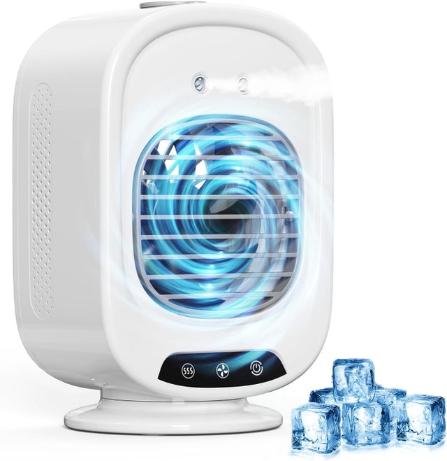 Climatiseur portable mobile, mini rafraîchisseur d'air 4 en 1, silencieux, 3 vitesses, 280 ml, USB, ventilateur brumisateur,voiture, camping (blanc)