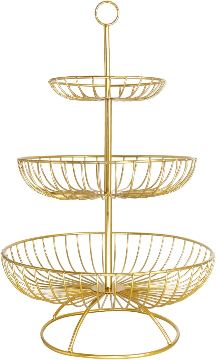 Trzypoziomowy stojak na owoce i naczynia, wykonany ze złotego metalu, z półką do przechowywania, odpowiedni do kuchni i jadalni.