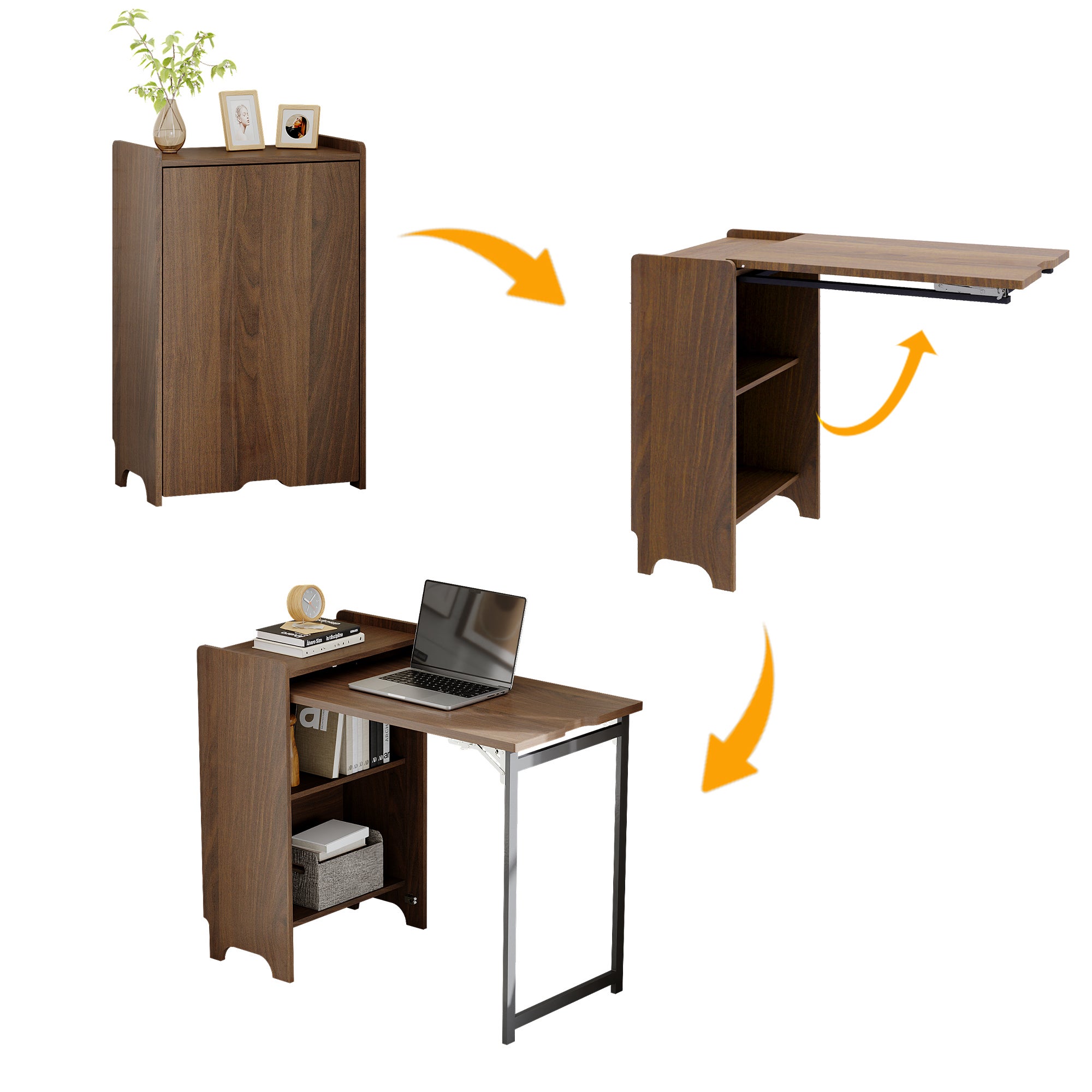 Bureau avec Rangement Pliable avec Aspect du Bois Noyer, Armoire du Bureau avec 2 Compartiments, Salon et Chambre, 99 x 53 x 82 cm - 4