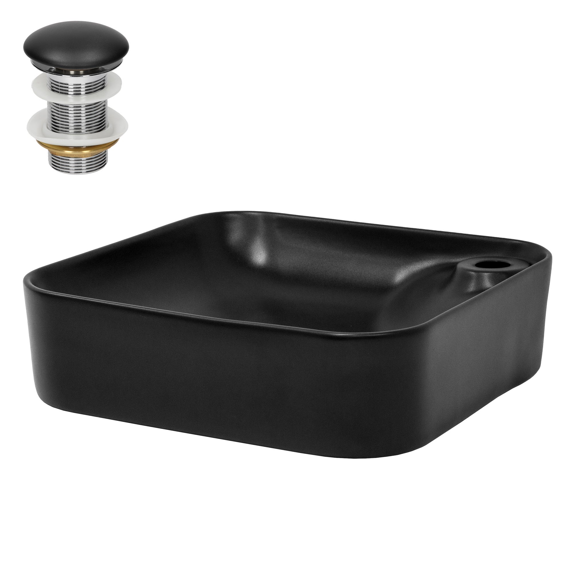 Lavoar de baie LuxeBath, 43 x 43 x 12 cm, din ceramica, forma patrata, cu ventil pop-up, fara orificiu pentru baterie, cu montare pe blat, negru mat
