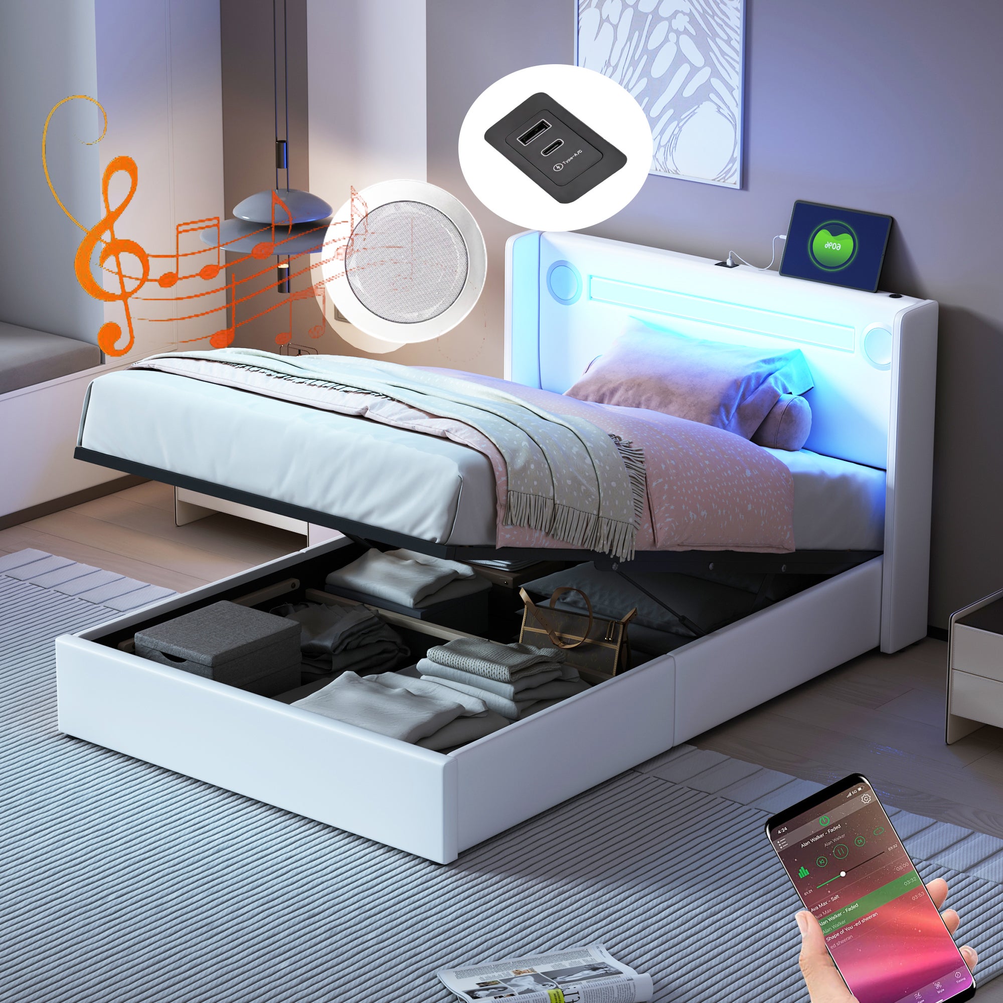 Łóżko z tapicerowanym zagłówkiem z ekoskóry 90x200cm z LED, odtwarzaczem Bluetooth i portami USB - z stelażem na listwy - Białe