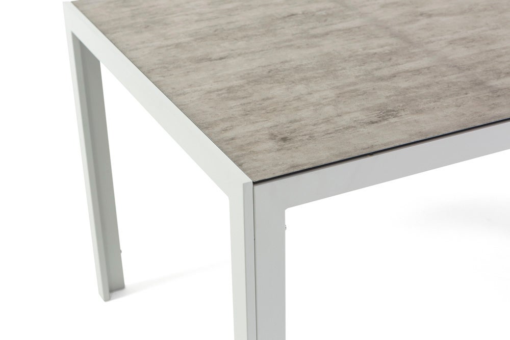 Mesa rectangular 150x90 cm fija con estructura de aluminio y tapa de vidrio decorado Milo para interior/exterior gris piedra/blanco - 2