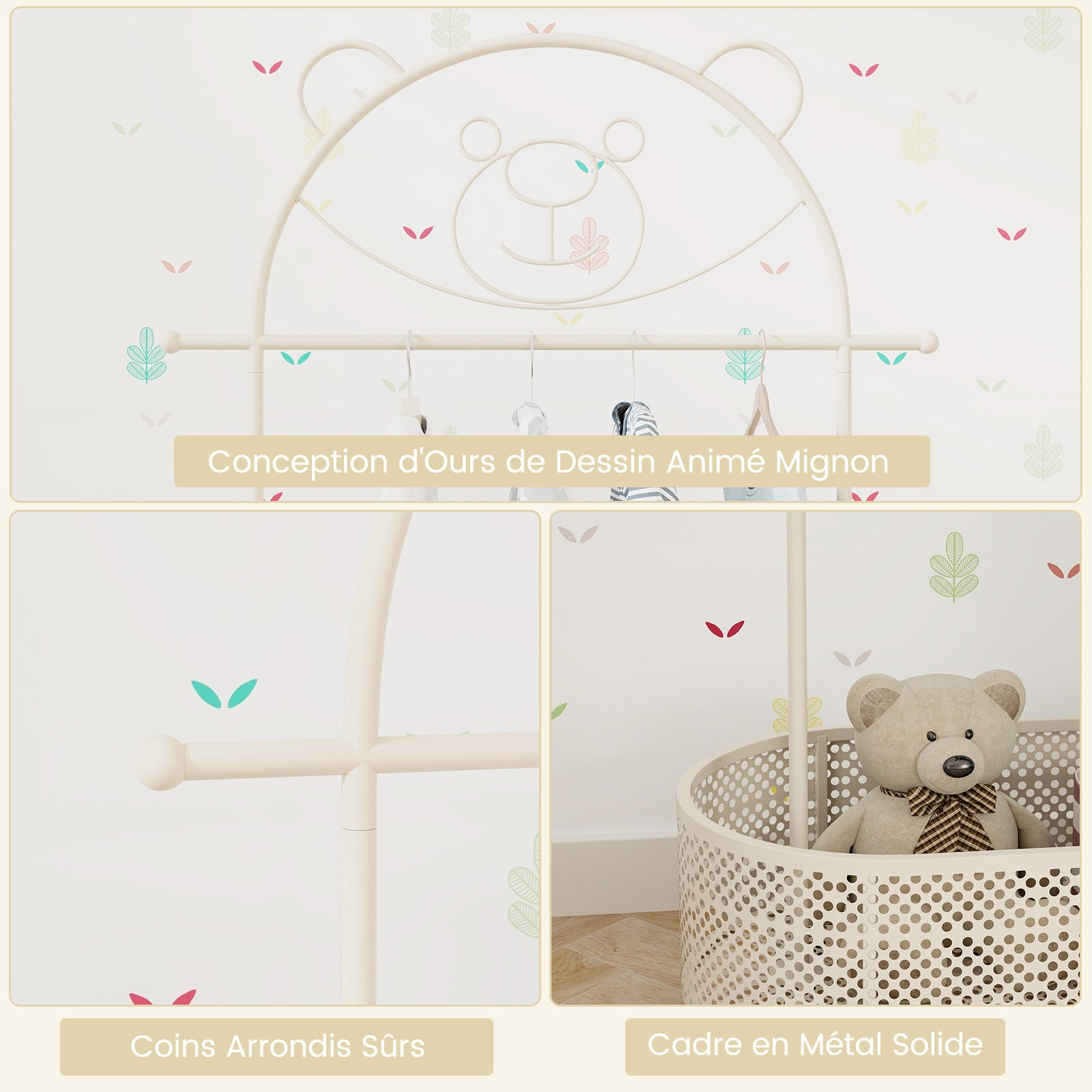Portant à Vêtements Enfant en Forme d'Ours avec 3 Hauteurs Réglables, Garde-Robe Enfant en Métal avec Panier Inférieur Chambre d'enfant, Beige - 3