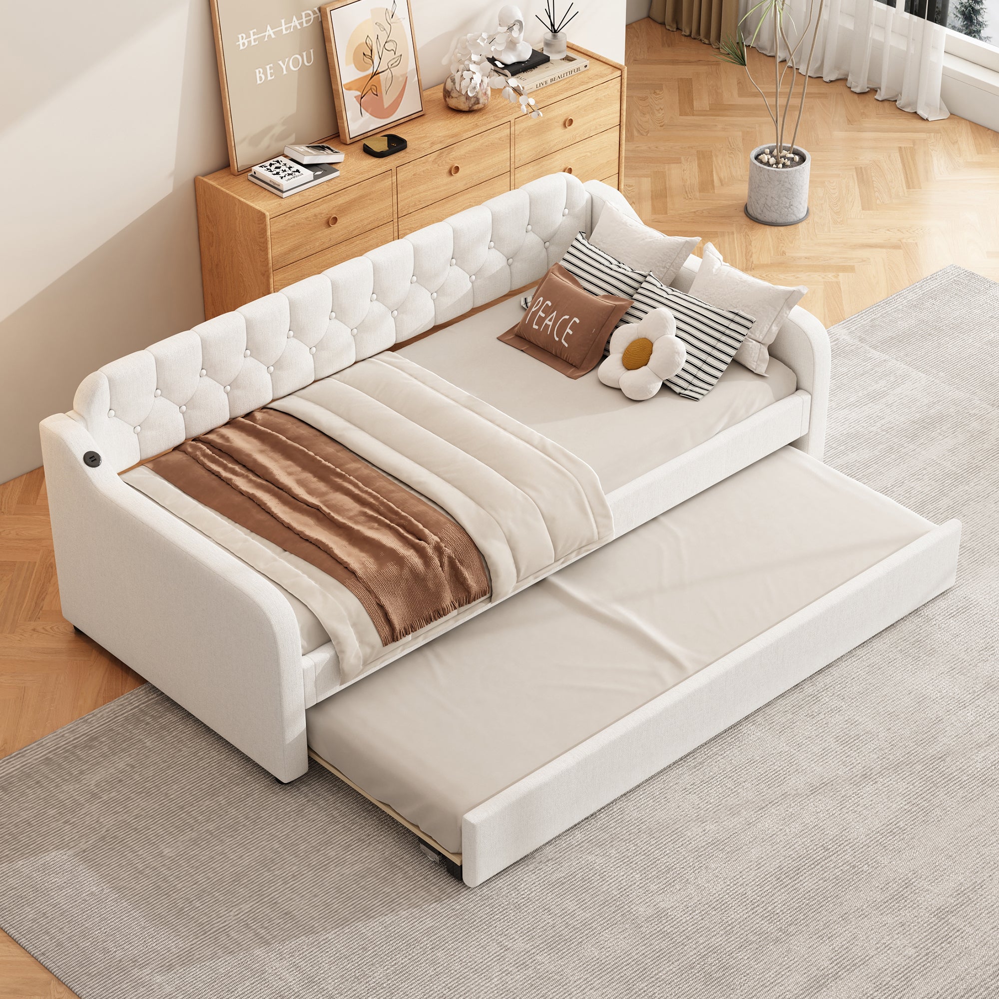 Lit gigogne 90x200cm - avec Port USB - tissu en Lin - Beige - 3