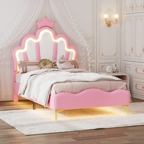 Łóżko pojedyncze 90x200 cm, łóżko księżniczki w kształcie korony, listwa świetlna LED ambient, PU, ​​różowe