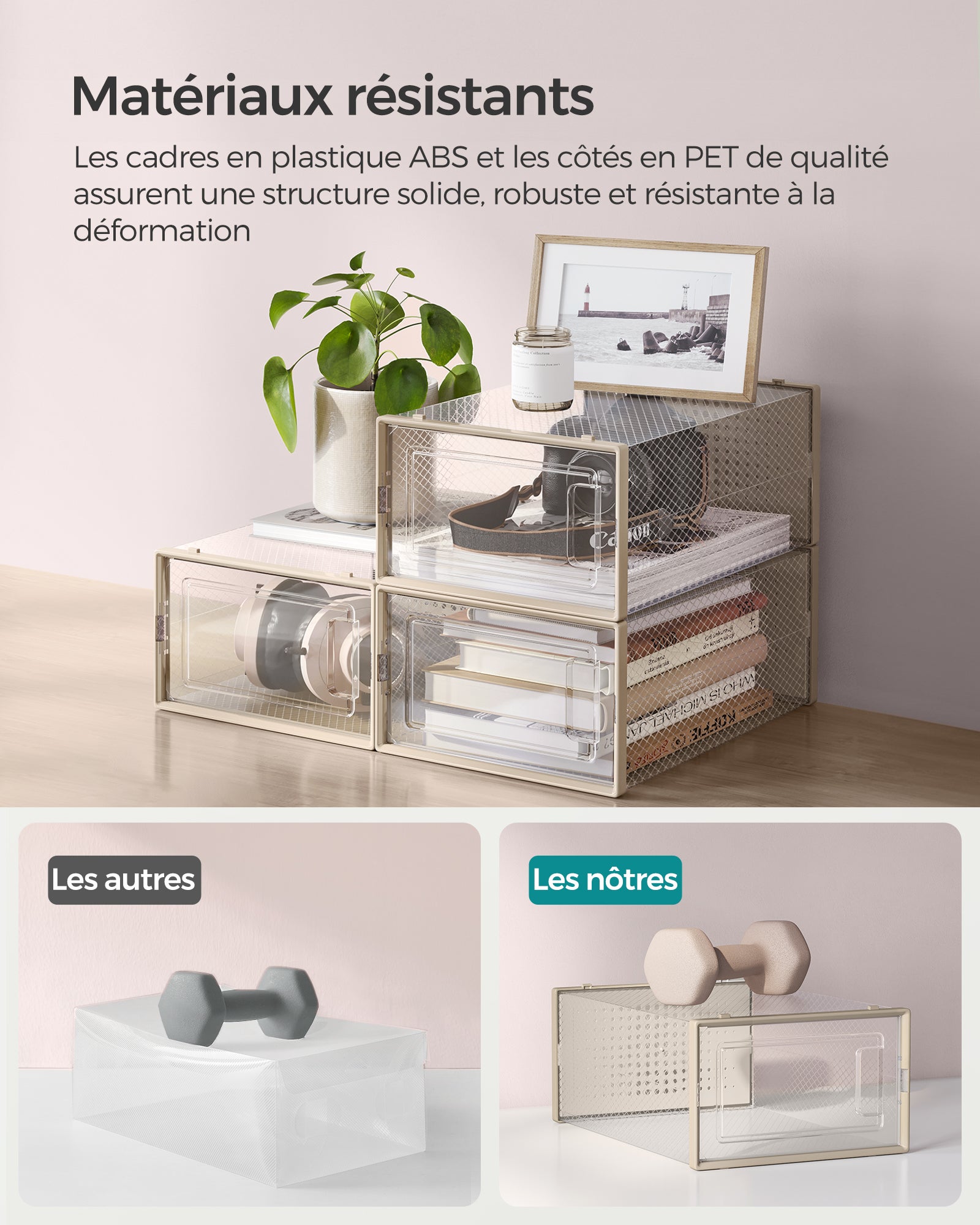 Boîtes à Chaussures, Lot de 18, Rangement Chaussures, Pliable, pour Pointure jusqu’à 44, Transparent et Beige Avoine - 7