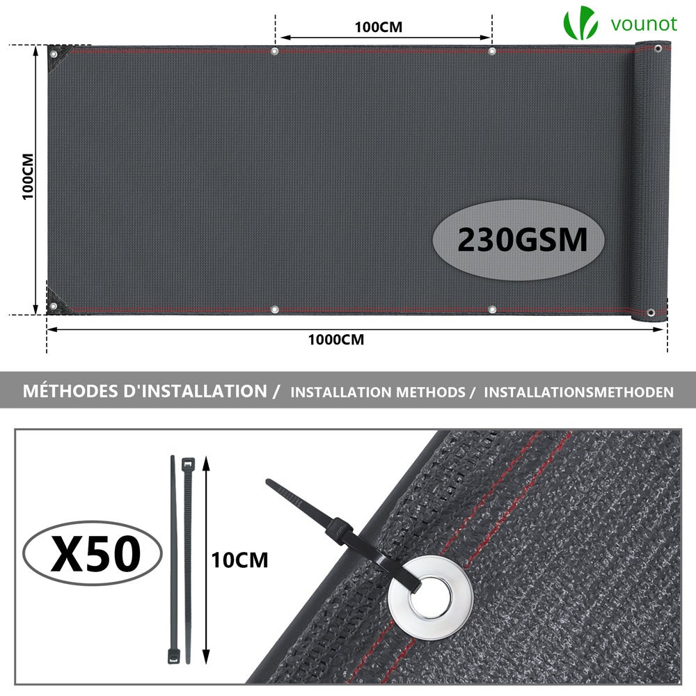 Brise vue occultant en HDPE 230g/m² 1x10m avec attaches de fixation anthracite VOUNOT® - 2