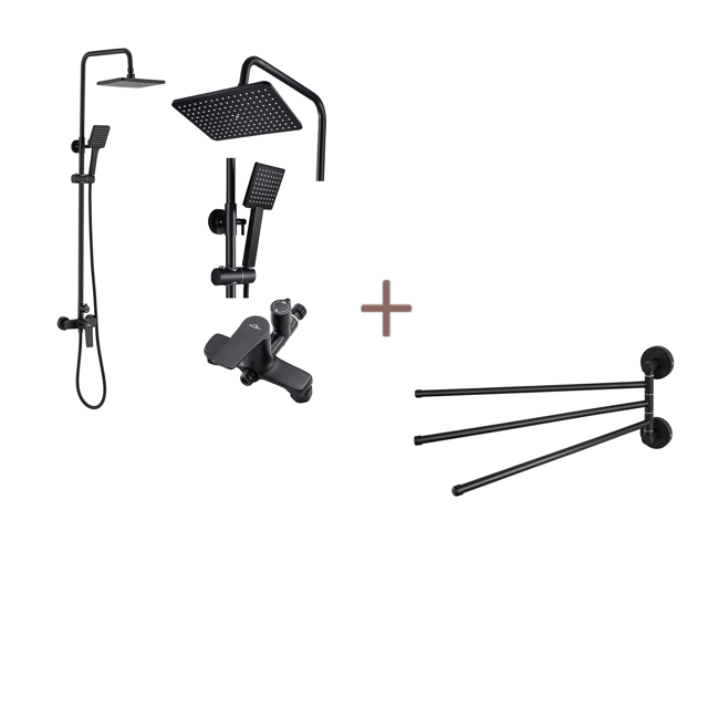 Auralum max Colonna doccia Interruttore a maniglia Set doccia + Porta asciugamani in acciaio inox 304 con 3 aste rotanti 180°, Nero