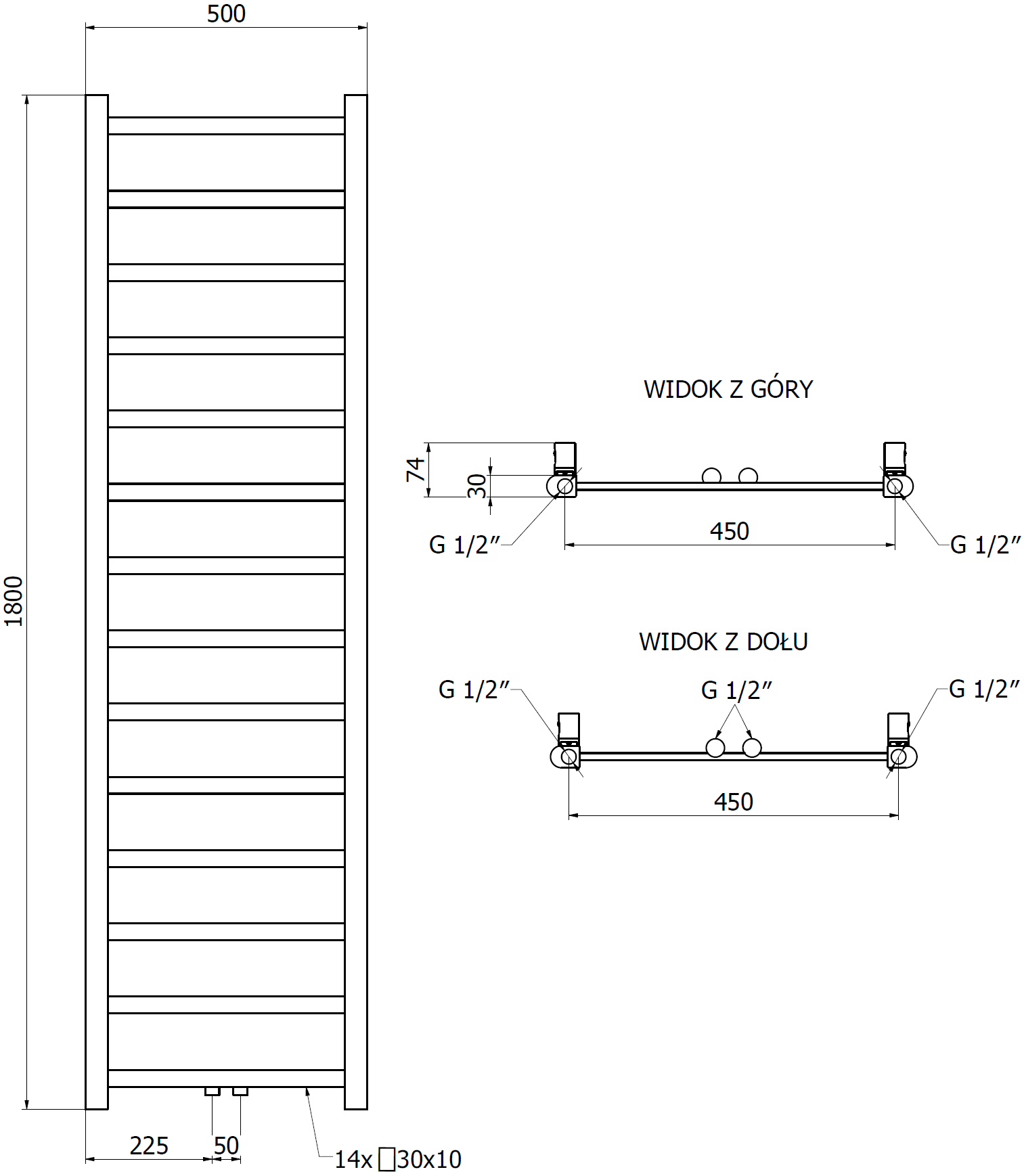 Mexen Bolt grzejnik łazienkowy 1800 x 500 mm, 460 W, czarny - W126-1800-500-00-70