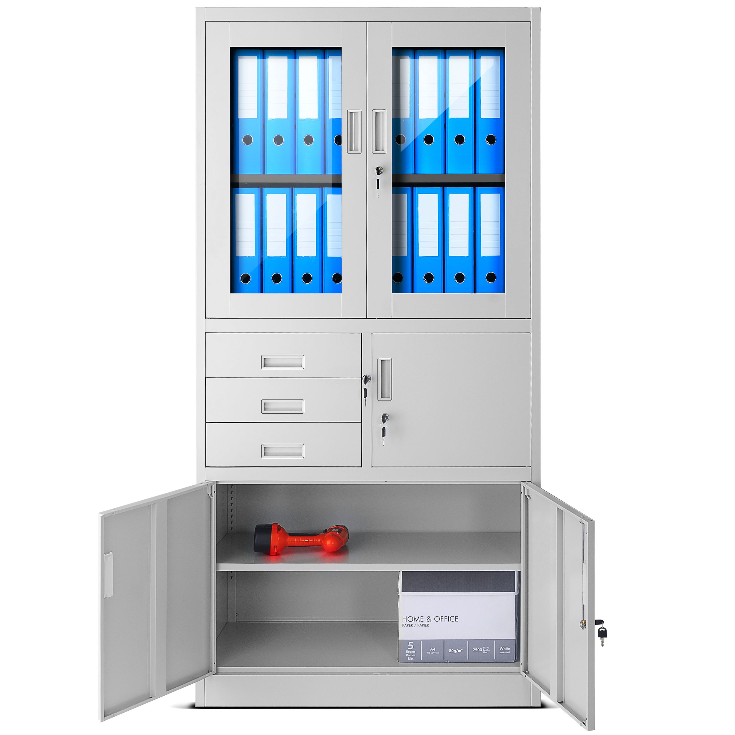 Armoire de Bureau Métallique Coffre-Fort Compartiment Secret Portes battantes Tiroirs Revêtement par Poudre 185 cm x 90 cm x 40 cm Gris - 3