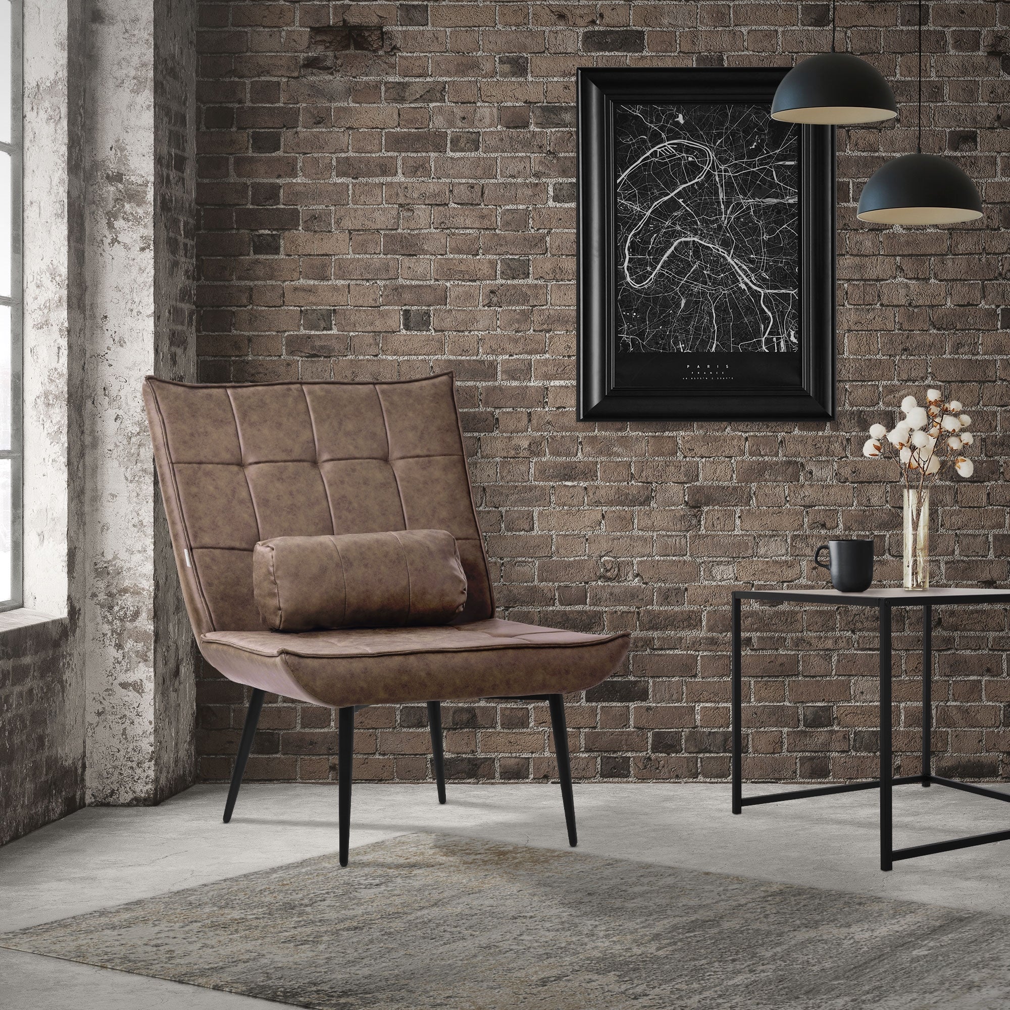 ML Design fotel rozkładany brązowy tapicerowany skóra sztuczna PU z czarnymi metalowymi nogami ergonomiczny skrzydłowy z poduszką lędźwiową do relaksu