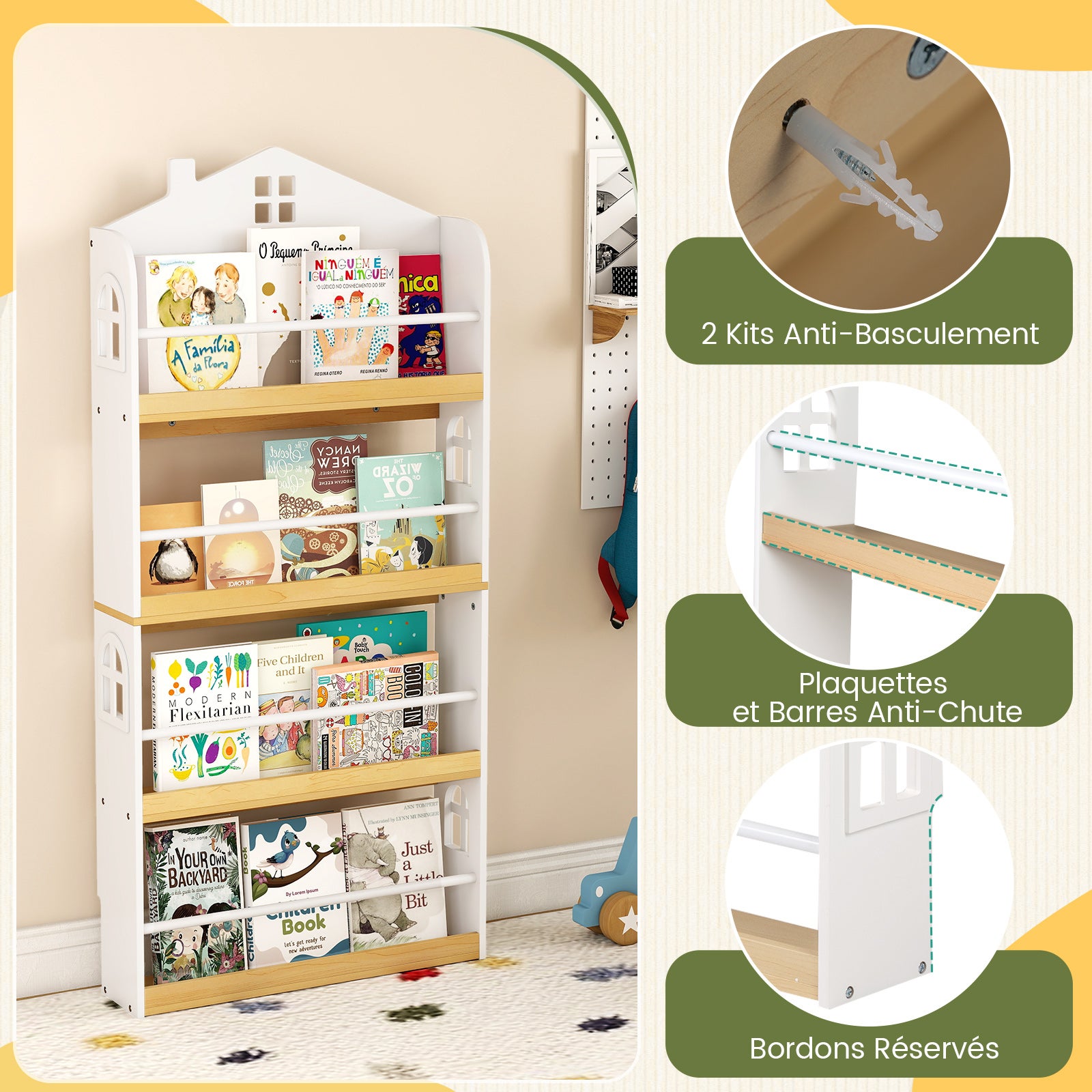 Bibliothèque pour Enfants en Forme de Maison, Étagère à 4 Niveaux avec Barrières Anti-chute et Barres Métalliques, Conception avec Socle Réservé - 6