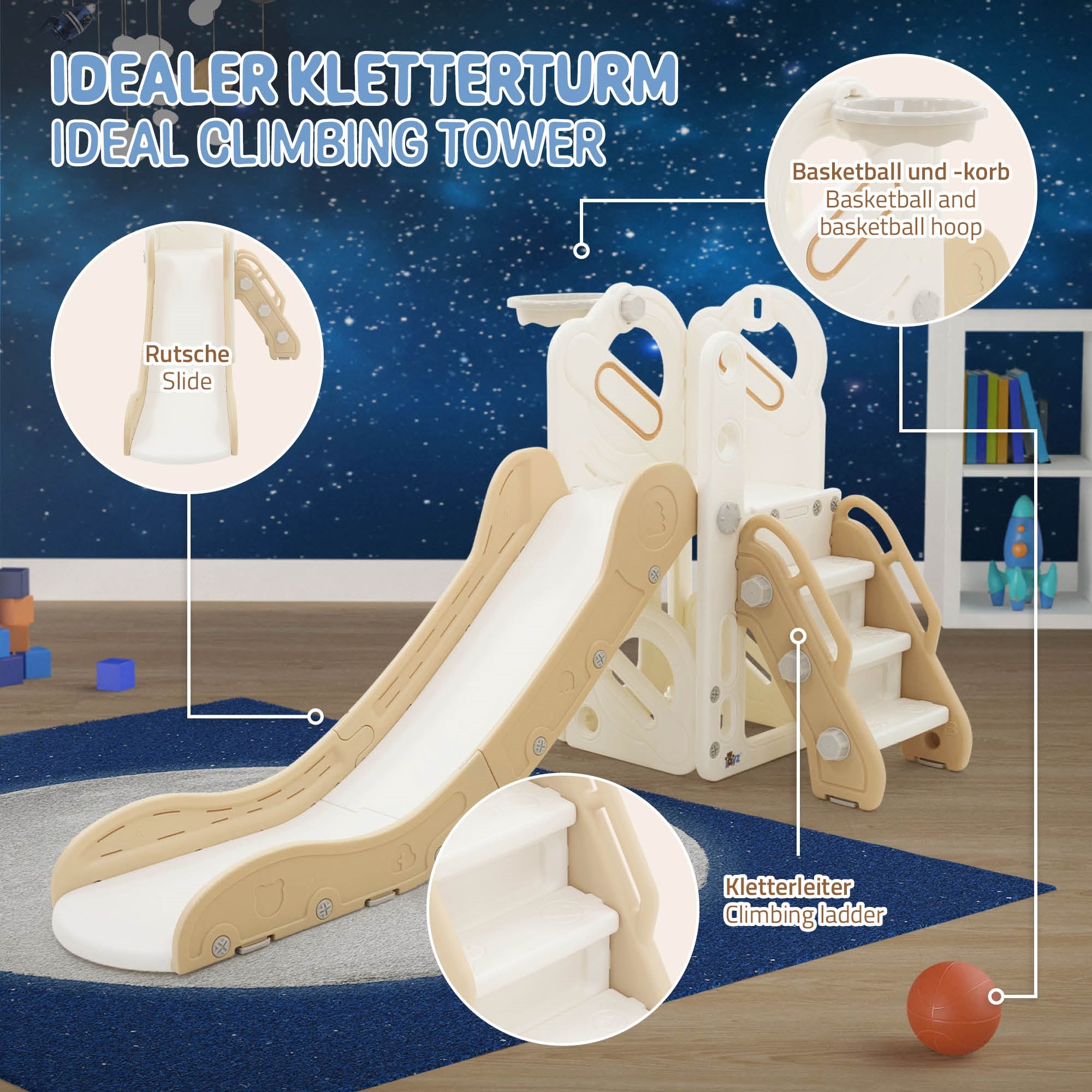 Toboggan pour enfants avec panier de basket-ball en plastique HDPE/PP blanc/beige/gris ballon et pompe à air inclus convient à partir de 3 ans - 5