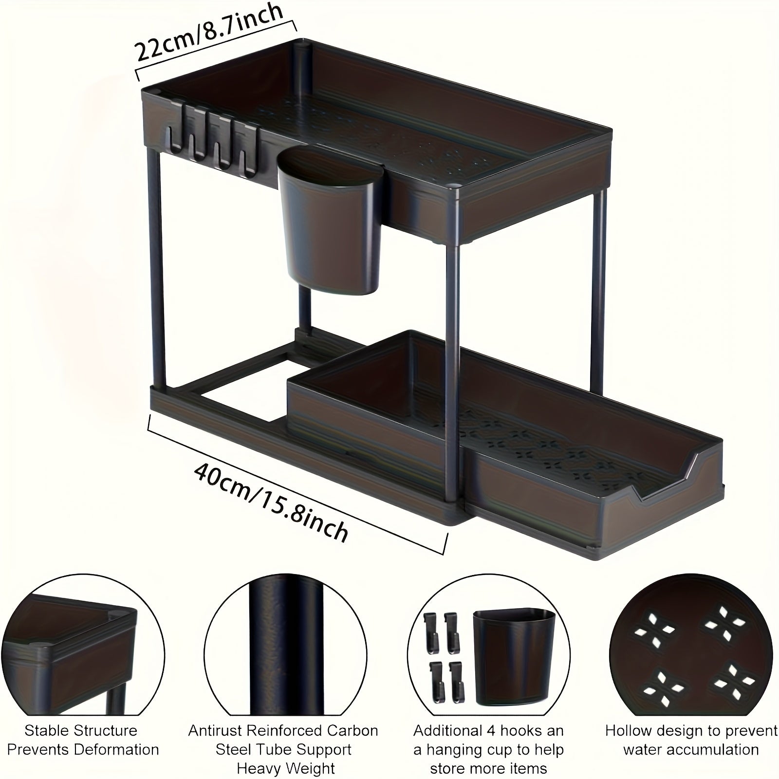 Organiseur coulissant à 2 niveaux sous évier, paniers de rangement en plastique, support de tiroir pour épices de cuisine et salle de bain - 7