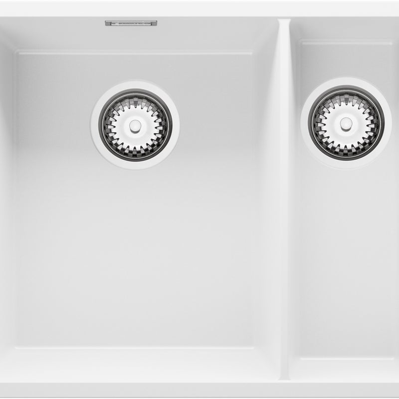 Zlewozmywak Biały 56x47cm, Zlew Kuchenny 1,5 Komorowy + Syfon, Nablatowy do szafki od 60cm - Londyn Slim Duo PRIMAGRAN