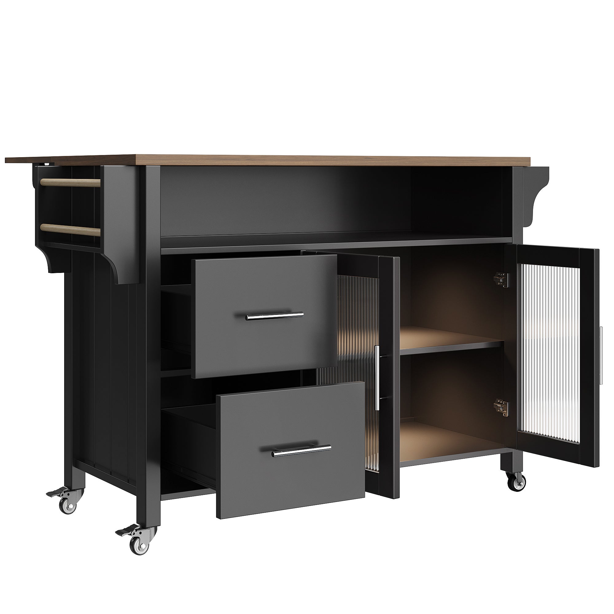 Isla de cocina móvil - encimera extensible - con LED - 2 cajones y 2 puertas - con toallero - MDF - negro + natural - 8