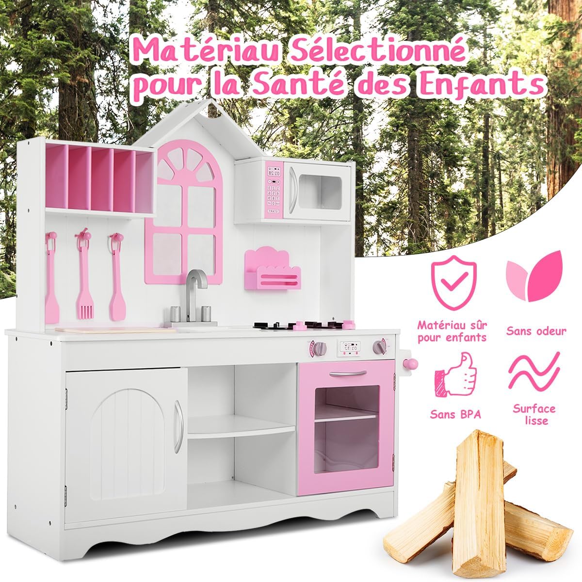 Cucina Giocattolo per Bambini, Cucina Legno per Bambini con Forno, Microonde, Lavello e Rubinetto, con Accessori da Cucina, per Bambini 3+ Ann - 5