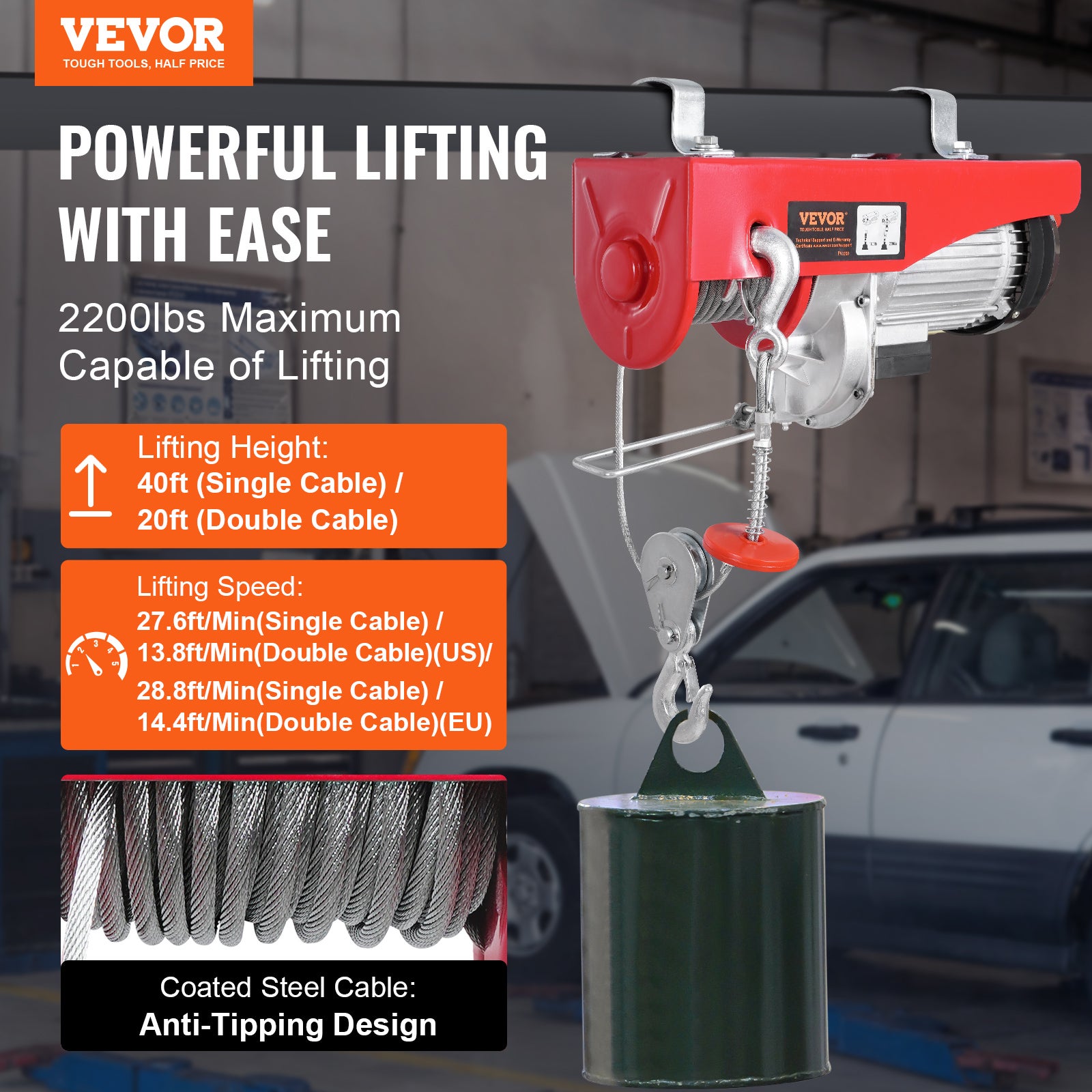 Palan Électrique,VEVOR Charge Double Câble 1000 kg,Télécommande Filaire 4,2 m et Sans Fil 100 m,Hauteur Levage Câble Simple 12 m,Arrêt Urgence - 2