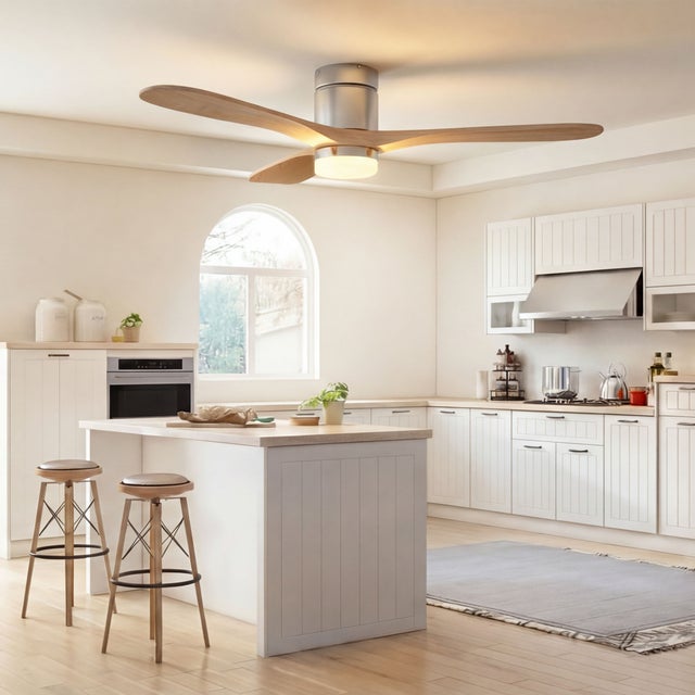 Ventilateur de plafond, silencieux, 2-en-1 couleur bois naturel avec éclairage LED (modèle à 3 pales de 52 pouces en bois massif),L132cm
