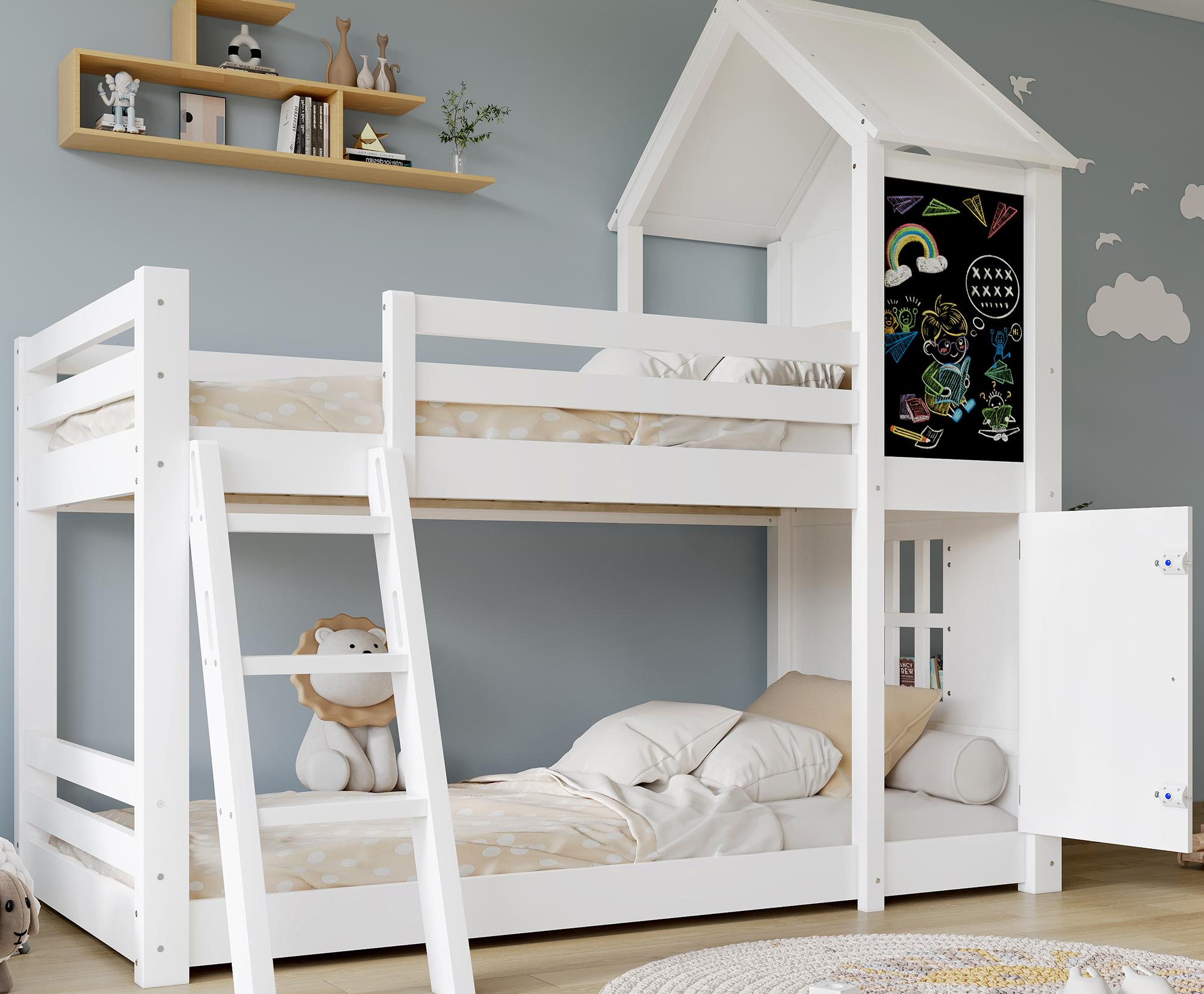 Łóżka piętrowe dla dzieci 90x200cm - z 1 drzwiami i tablicą - z drabinką - lite drewno + MDF + sklejka - białe (materac nie jest wliczony w cenę)