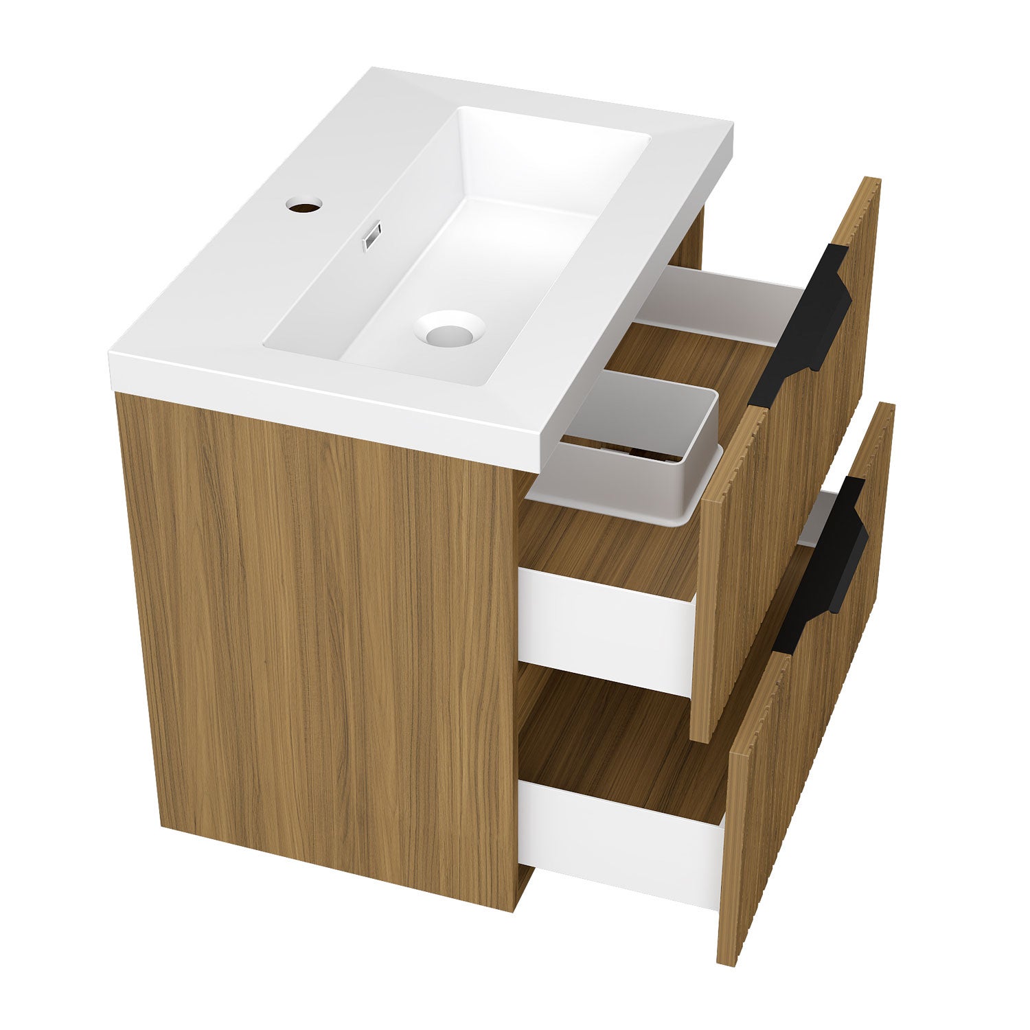 Meuble de Salle de Bain Suspendu Noyer Mat 60cm avec 2 Tiroirs Silencieux, Vasque Résine, Résistant à l'Humidité, Cannelé Design - 4