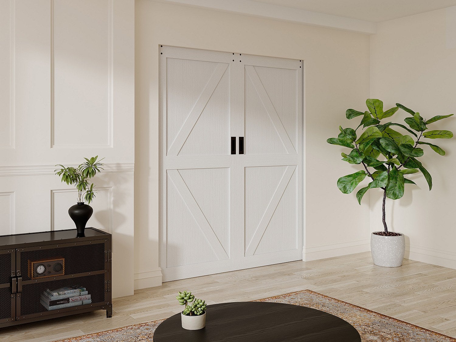 Drzwi przesuwne podwójne chowane w ścianie z drewna i MDF - biały - 2 x wys. 205 x szer. 83 cm - NEFARA