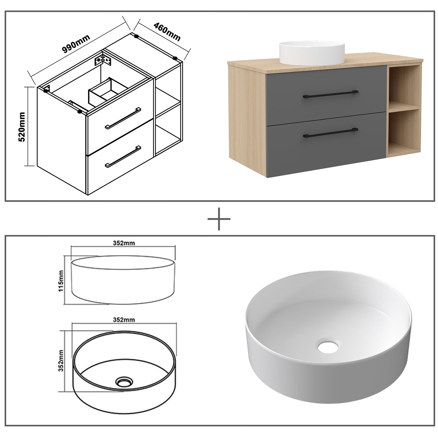 Meubles Salle de Bain 100cm avec simple vasque céramique - 2 tiroirs Anthracite et Chêne Wotan - 4