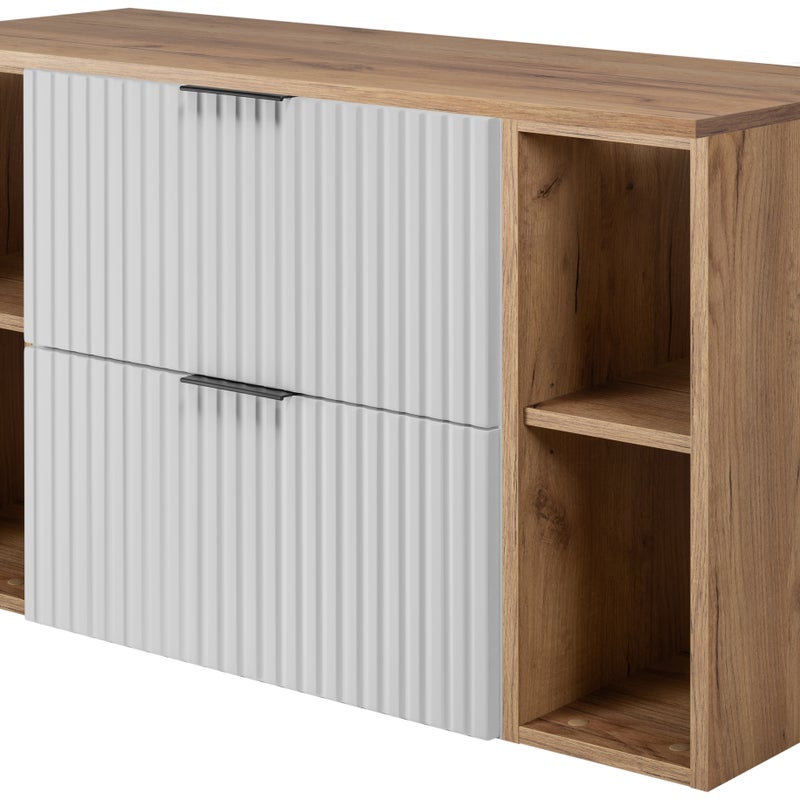 Szafka łazienkowa FLOW 100 cm biała z regałami dąb craft blat ryflowany front